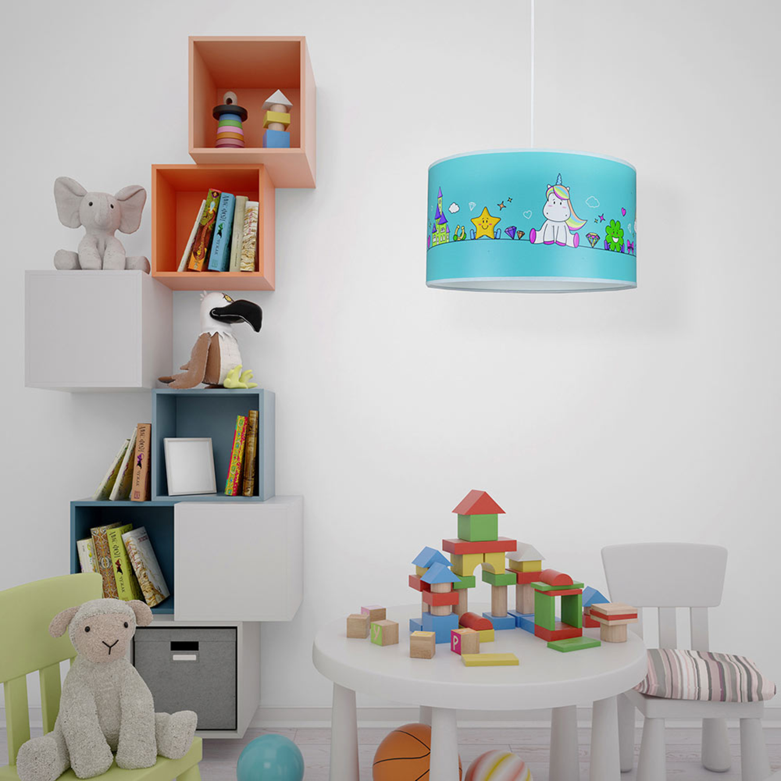 Lampa wisząca Unicorn, niebieska z motywami