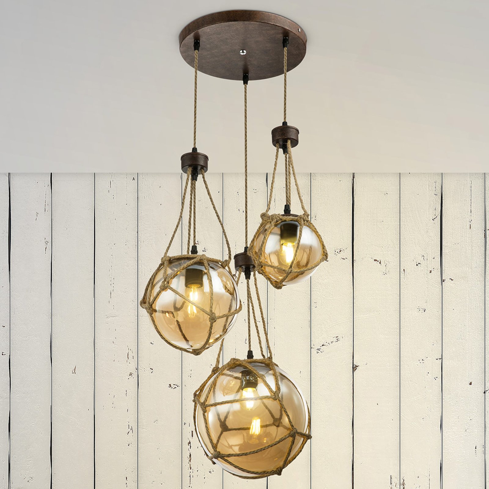 Globo Tiko glass hanging light with net, rust, 3-bulb, for Living / Dining Room, metal, glass, hemp rope, E27, 40 W, energy efficiency: A++