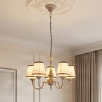 Lindby kroonluchter Lumiel, 5-lichts, crème/messing, textiel