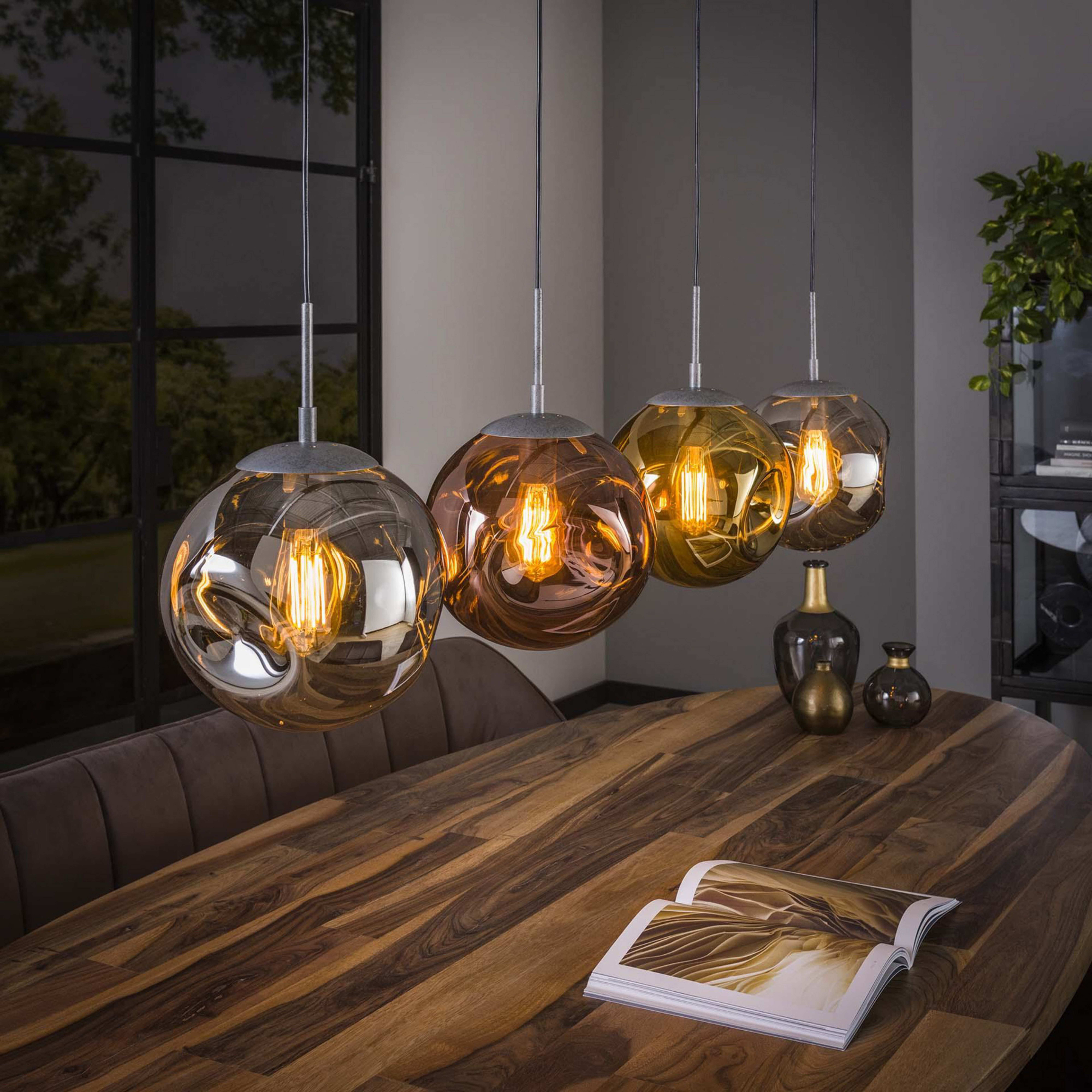 Hängeleuchte Stellar, 4-fl. lang, altsilber, Glas mehrfarbig
