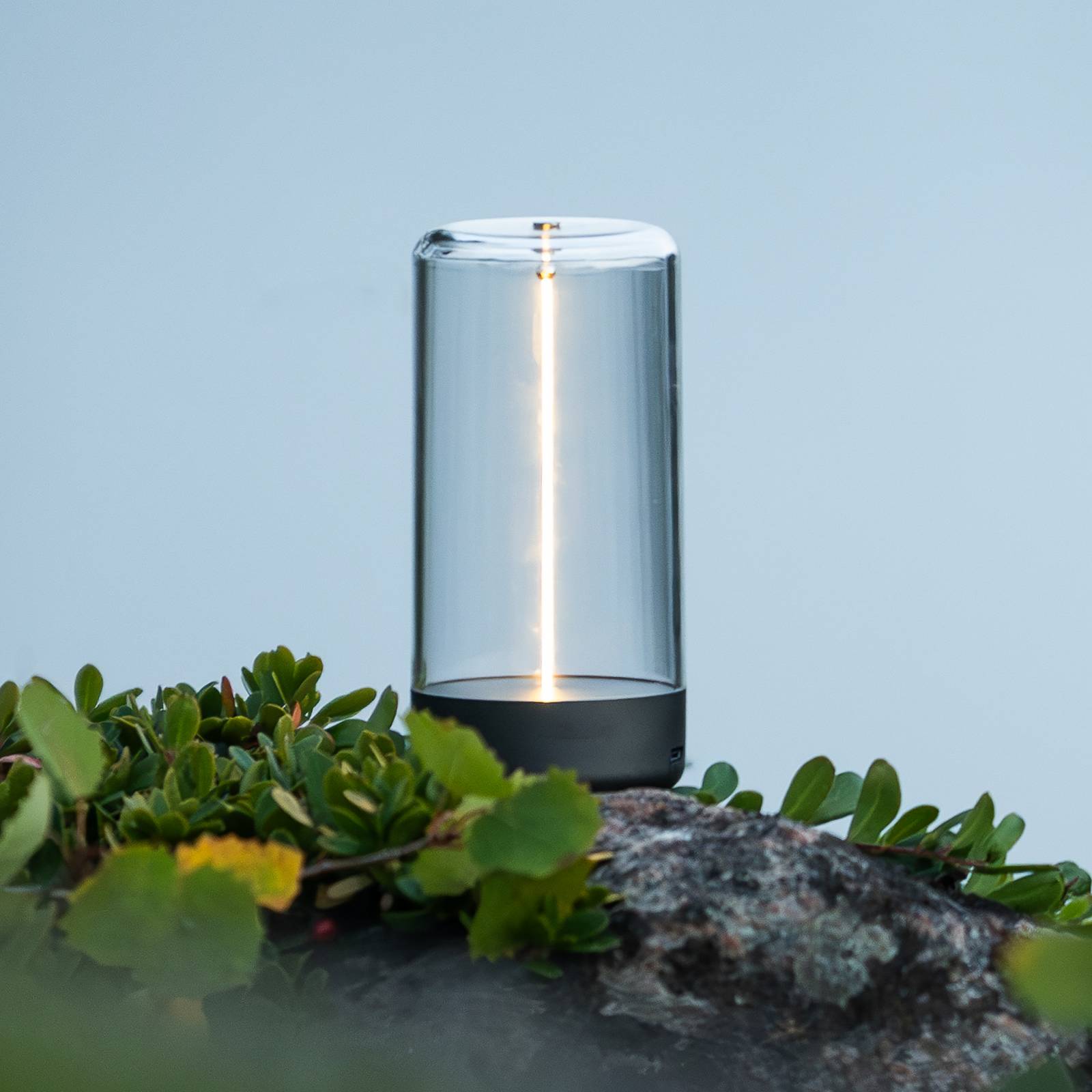 Konstsmide Lampe de table LED rechargeable Edison, hauteur 15 cm, gris/transparent, IP54