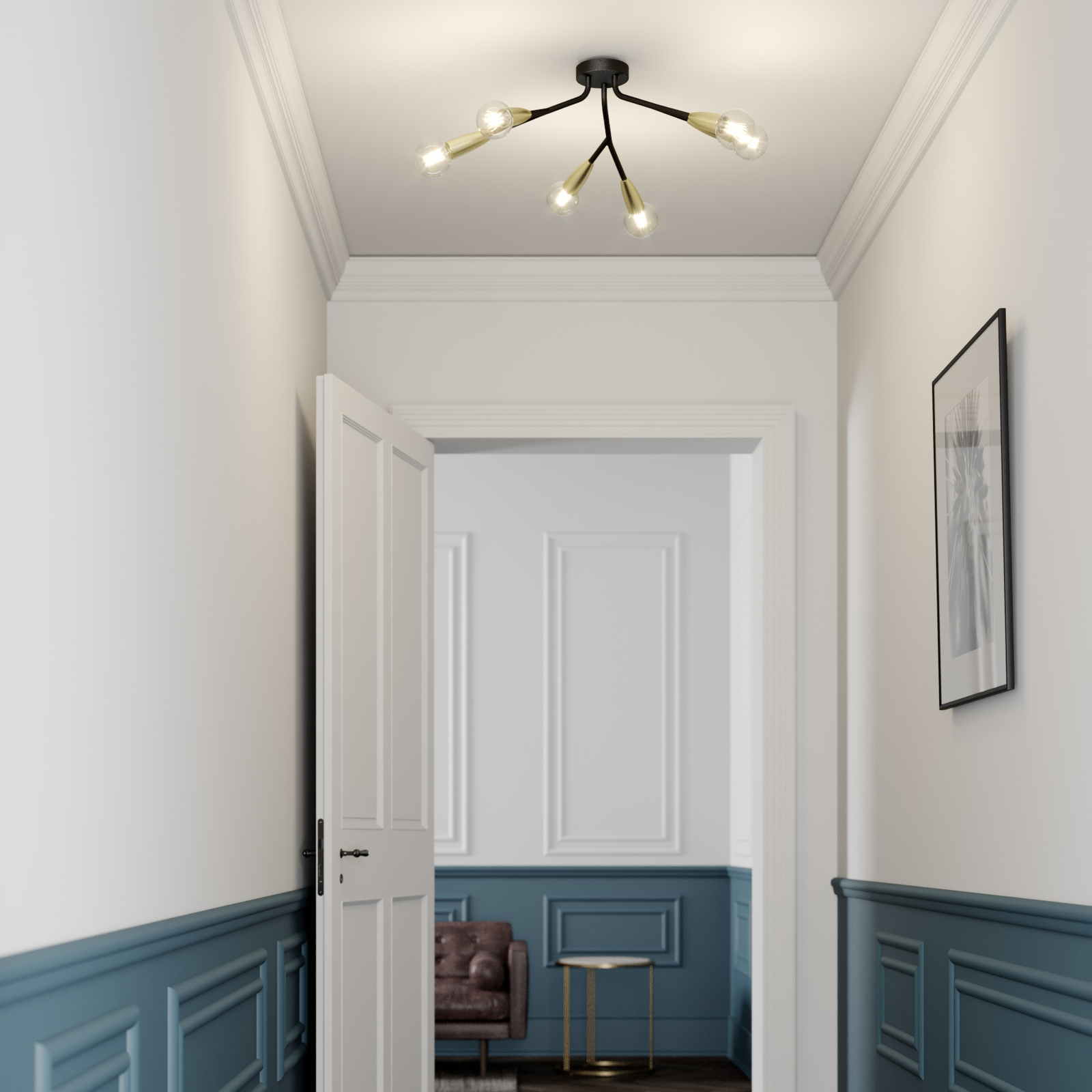 Lucande Carlea ceiling lamp 6-bulb black and brass