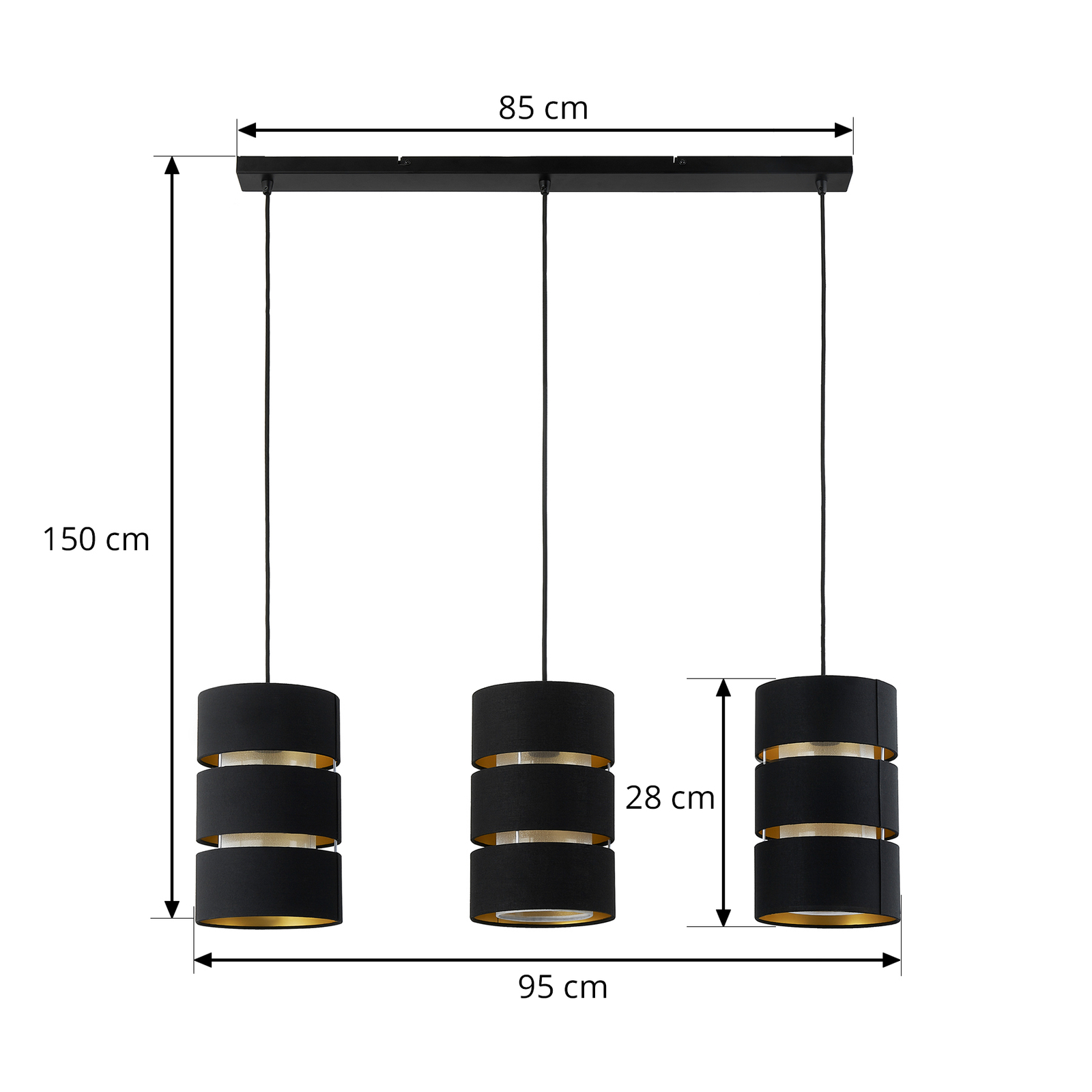 Lindby hanglamp Tsomo, 950 cm, 3-lamps, zwart, stof