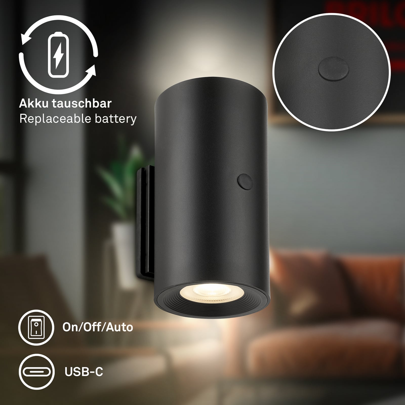 LED-akutoitega seinavalgusti Isy, mattmust, plastik, 3000 K