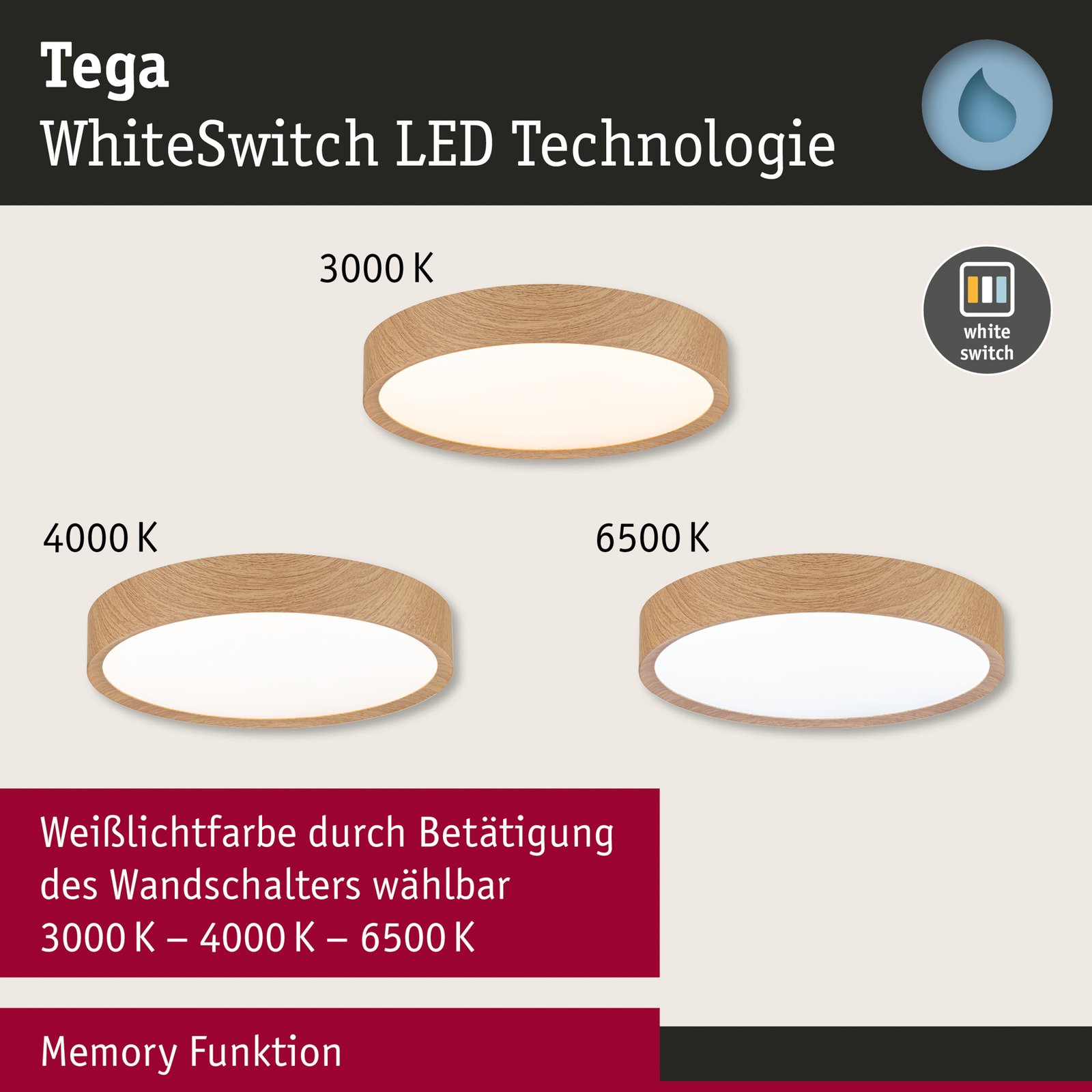 Paulmann Tega LED mennyezeti világítás IP44 CCT fa