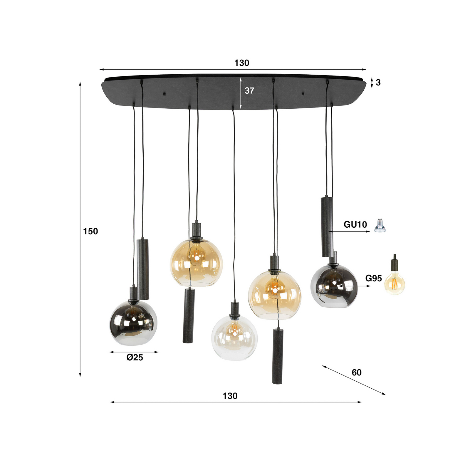 Pendelleuchte Sfera Tricolore, mehrfarbig, 9-flg., E27/GU10 Pendelleuchte Sfera Tricolore, mehrfarbig, 9-flg., E27/GU10