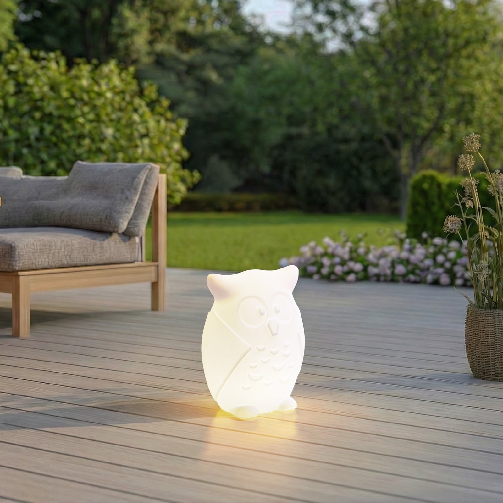 Errol LED-tafellamp op batterijen, wit, uil, IP54, RGBW - Lindby