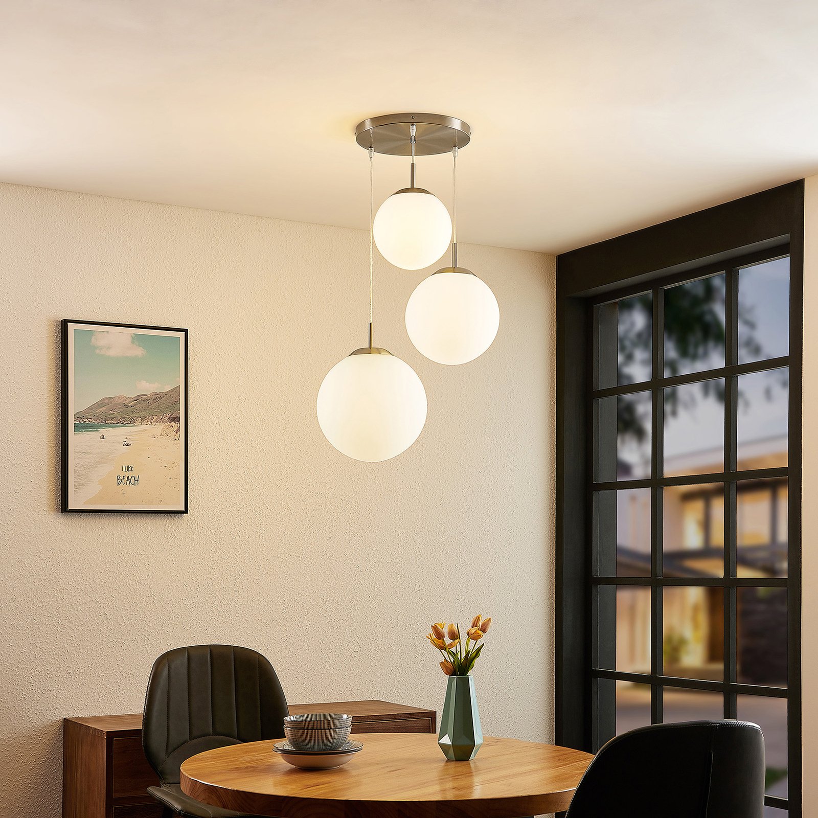 Heleska 3 Round Hanglamp Opal/Nickel - Lindby