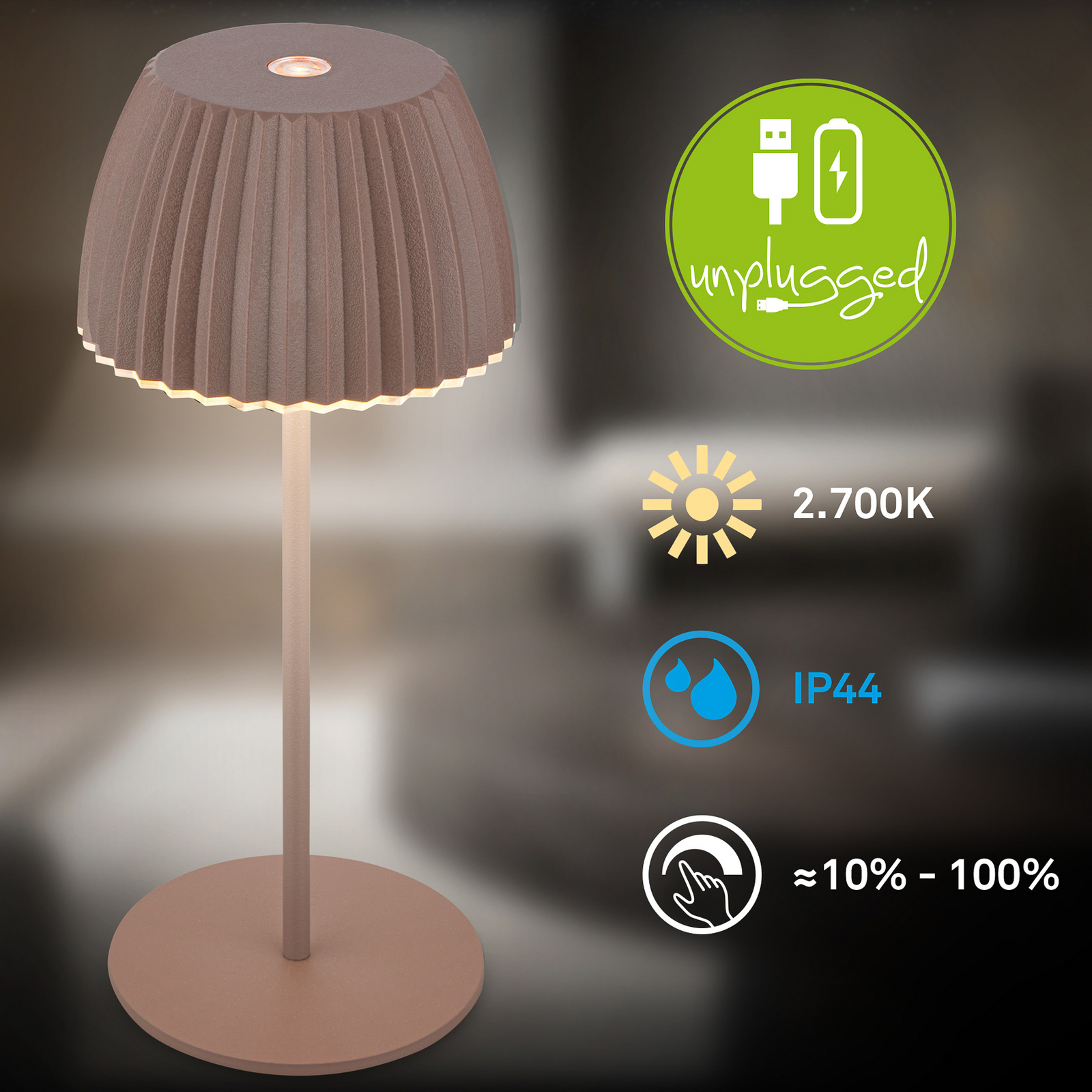 LED акумулаторна настолна лампа Brilo unplugged Riffle, 20 cm, умбрасанд