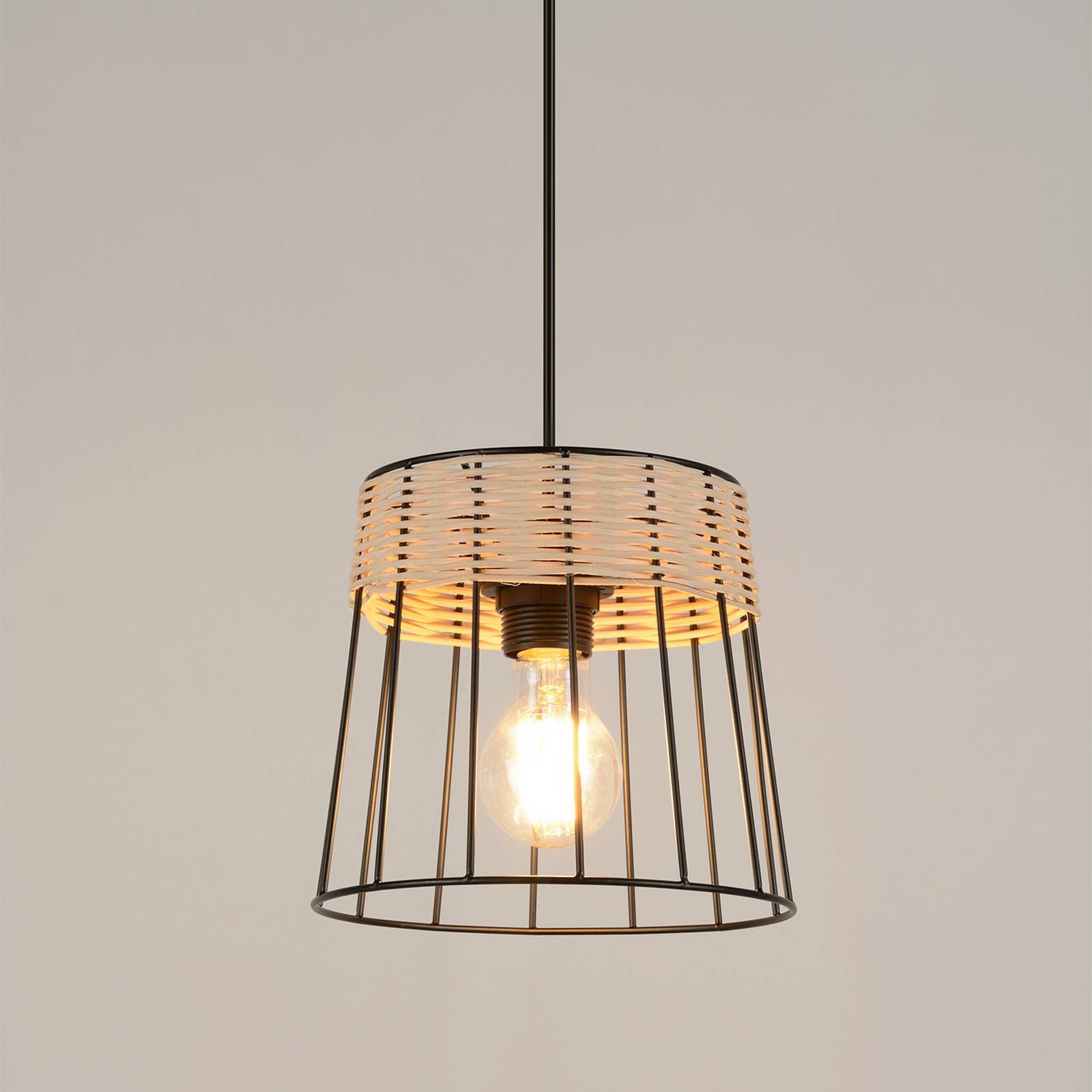 Żyrandol Indah, czarna, Ø 20 cm, metal/rattan
