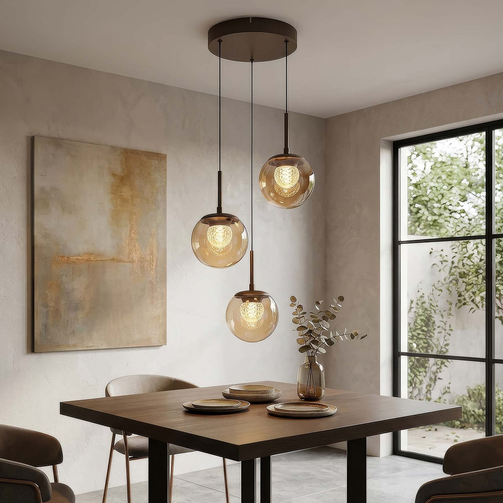 LED-Hängelampe Solis, 3-flammig rund, bronze, Glas, 2.700 K