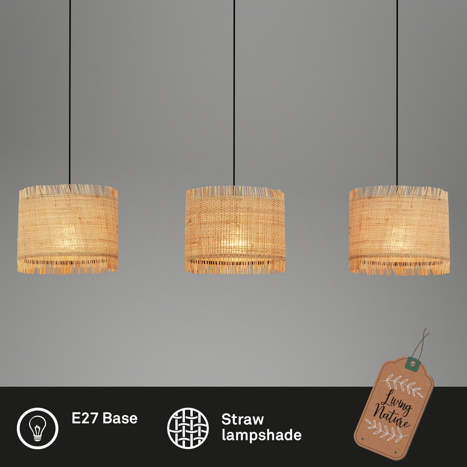 Borra pendant light, 3-bulb, natural colour, straw