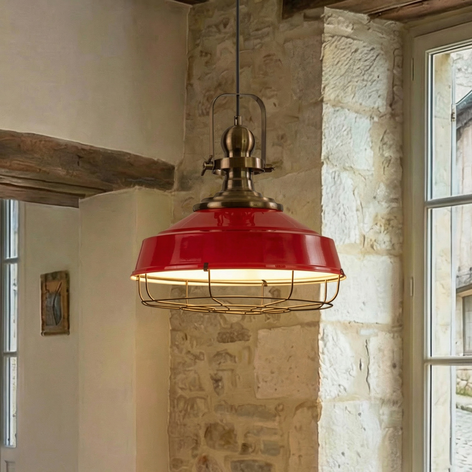 ROYALTECH Lampă suspendată Astel roșu Ø 41 cm metal detaliu alamă antică - Camera de zi / sufragerie - Design industrial - roșu alamă antică alb negru