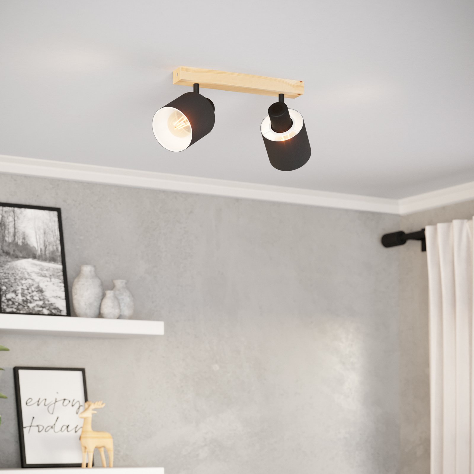 Spot pour plafond Batallas, longueur 30 cm, noir/bois, à 2 lampes.
