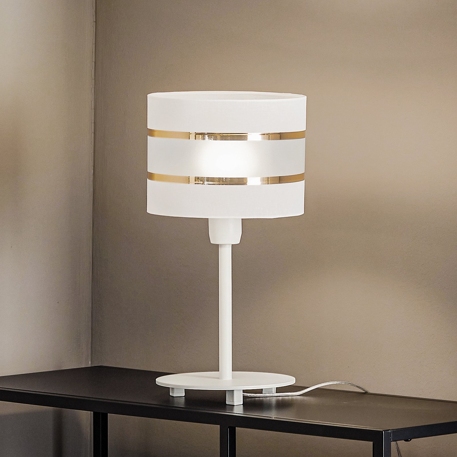 Lámpara de mesa Helen con pantalla textil blanco-dorado