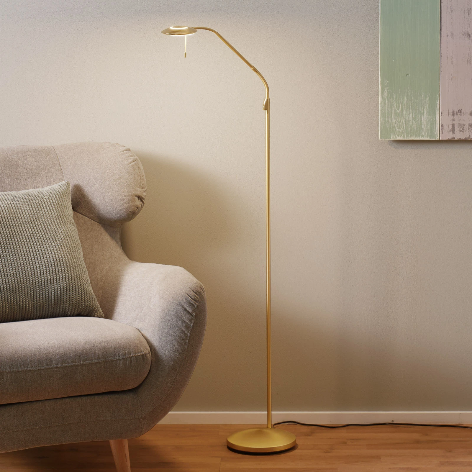 Brass-coloured LED floor lamp Zenith with dimmer | Lights.co.uk