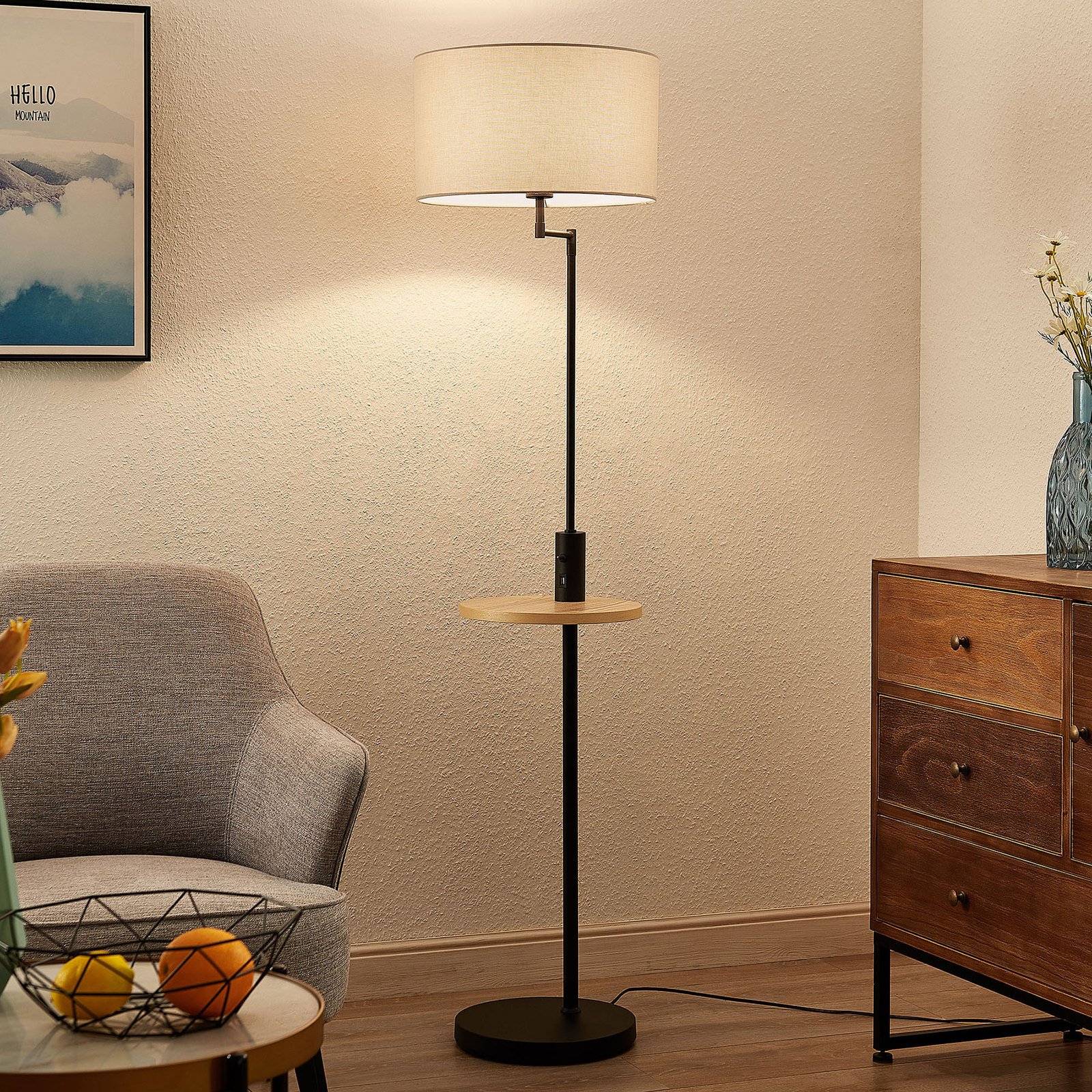 Zinia Floor Lamp Black/Grey/Wood - Lindby