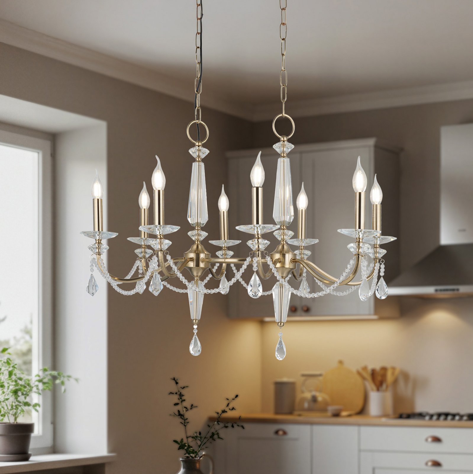 Lysekrone Adone, lineær, 8 lyskilder, messing, krystallglass