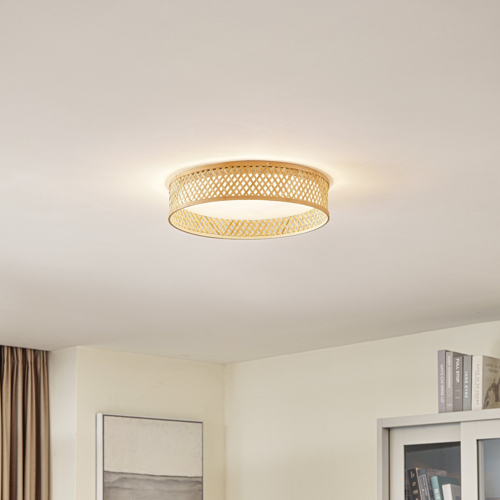 Lindby LED-Deckenleuchte Eilif, Bambus, weiß, Ø 40 cm