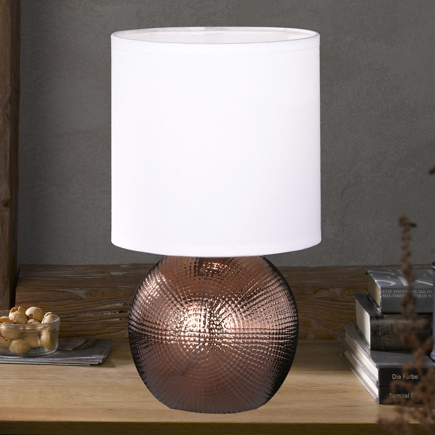 Fischer & Honsel Little table lamp Foro with copper-coloured base, for Living / Dining Room, ceramic, fabric, E14, 30 W, energy efficiency: A++, H: 28 cm