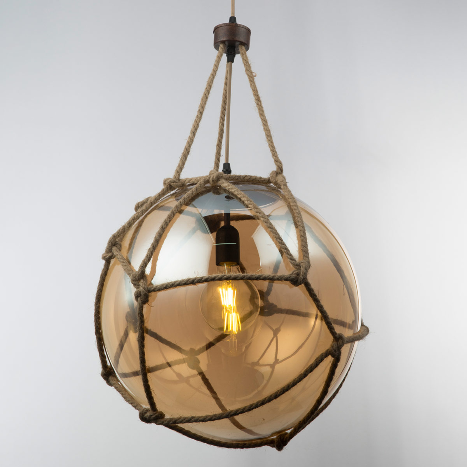 Globo Tiko glass hanging light with net rust Ø 40 cm, for Living / Dining Room, metal, glass, hemp rope, E27, 60 W, energy efficiency: A++