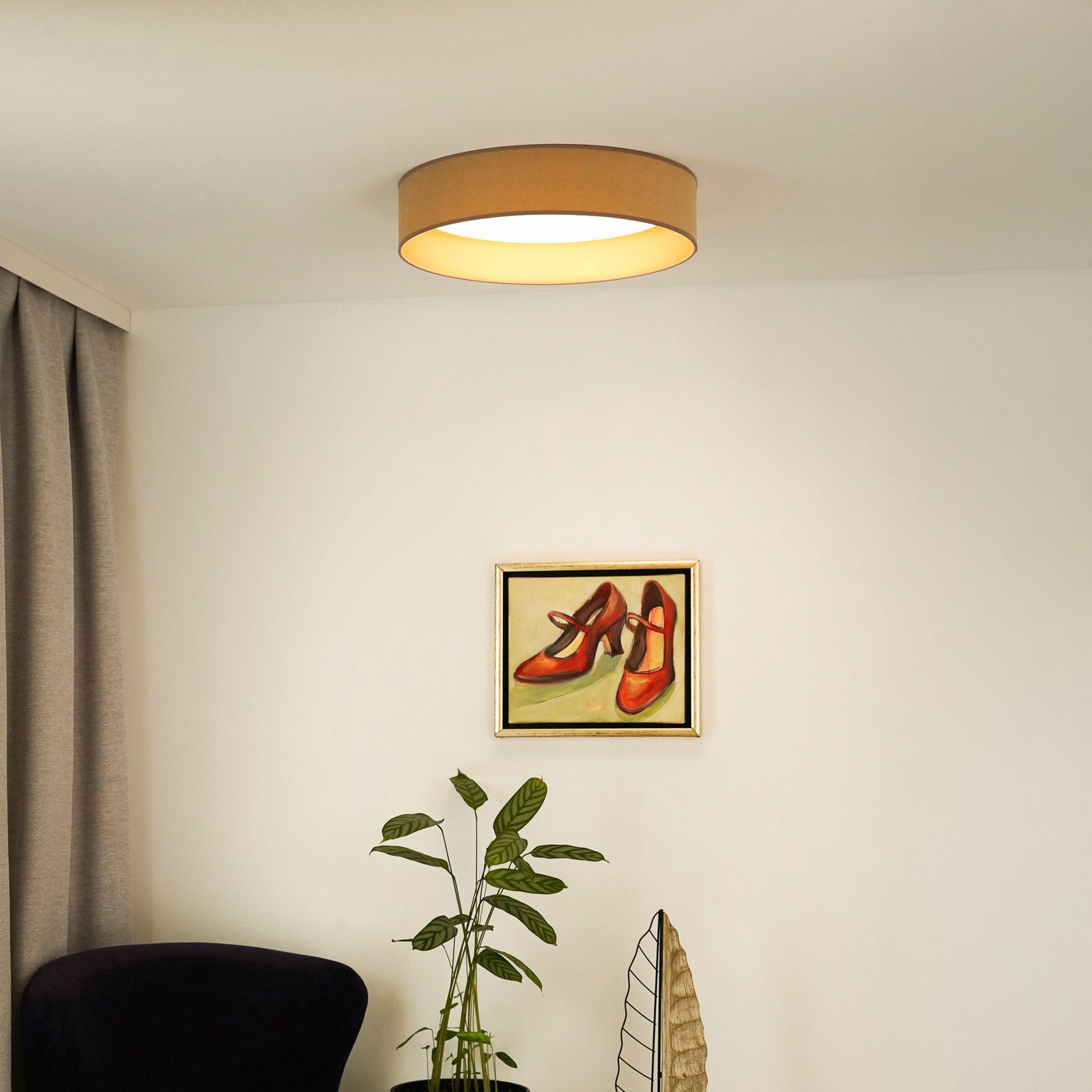 LED griestu gaisma Plafond, samts, smilškrāsas/zelta, audums, Ø 45 cm,3