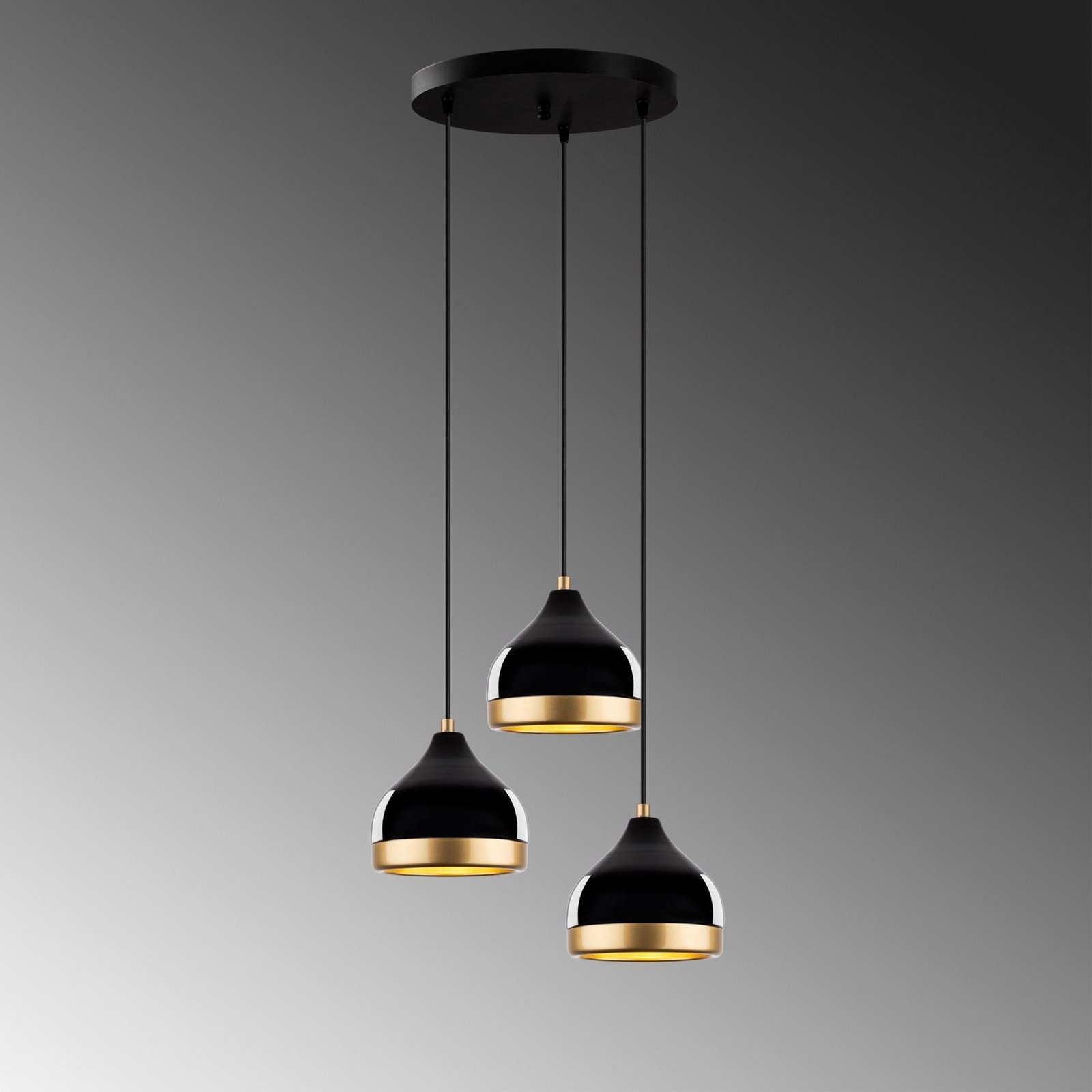 Yildo pendant light, 3-bulb, black/gold, round, Ø37 cm