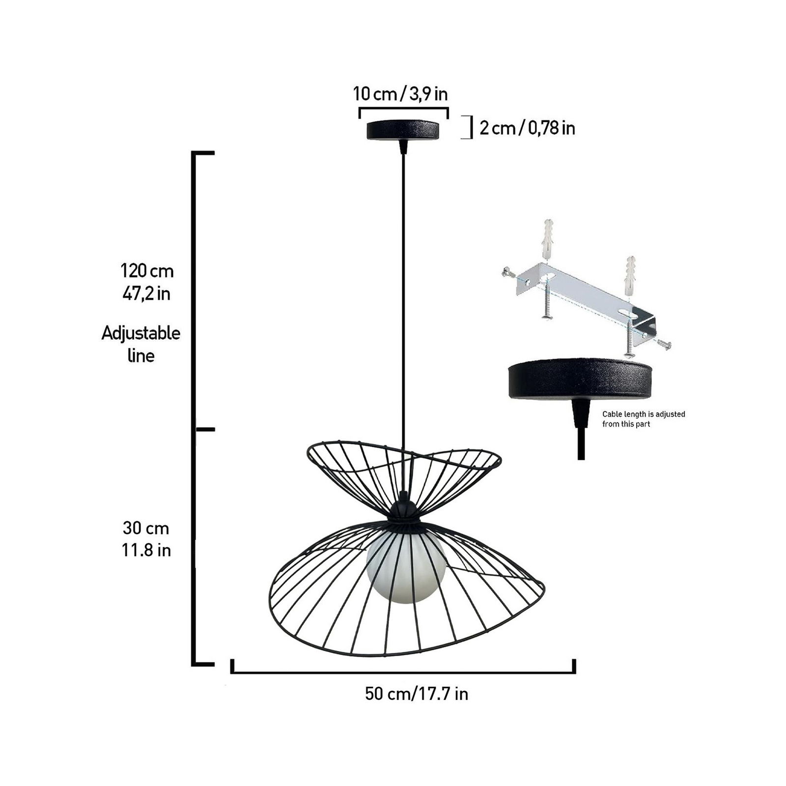 Suspension Vertigo, noir, verre/métal, E27, Ø 50 cm