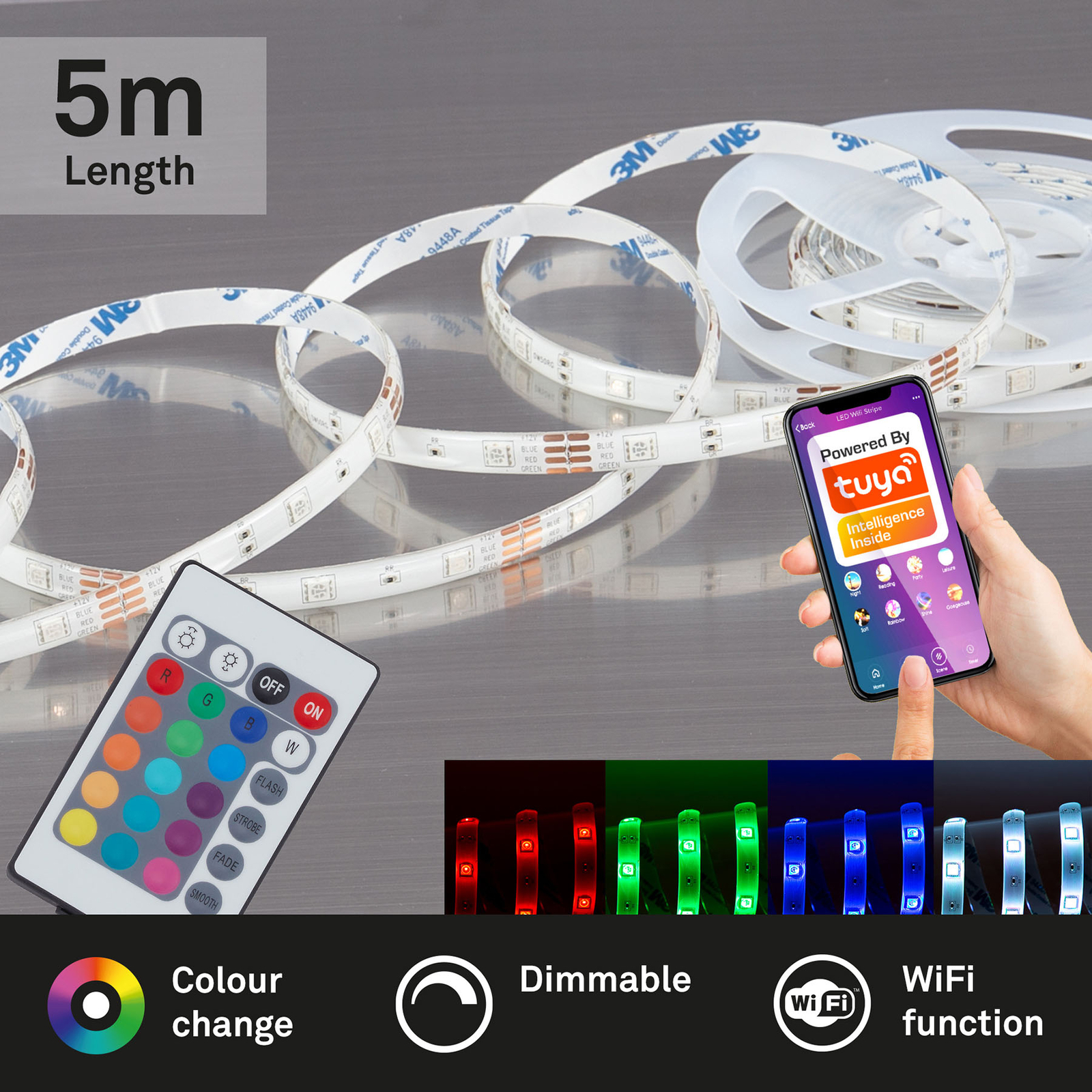 Tira LED RGB WiFi, 500cm, con control remoto