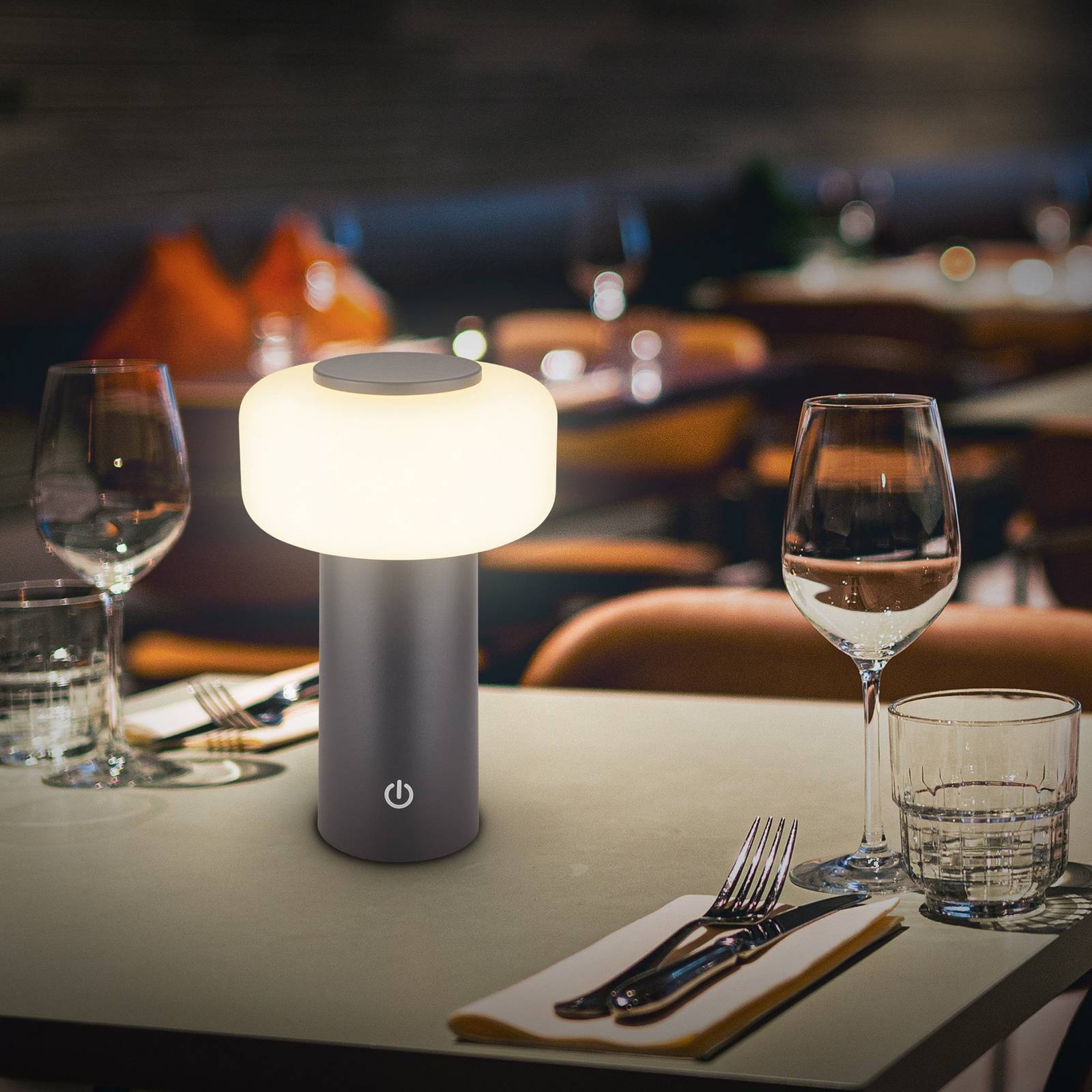 Lampa stołowa LED z akumulatorem Juna, antracyt, IP44, ściemniana, 20 cm