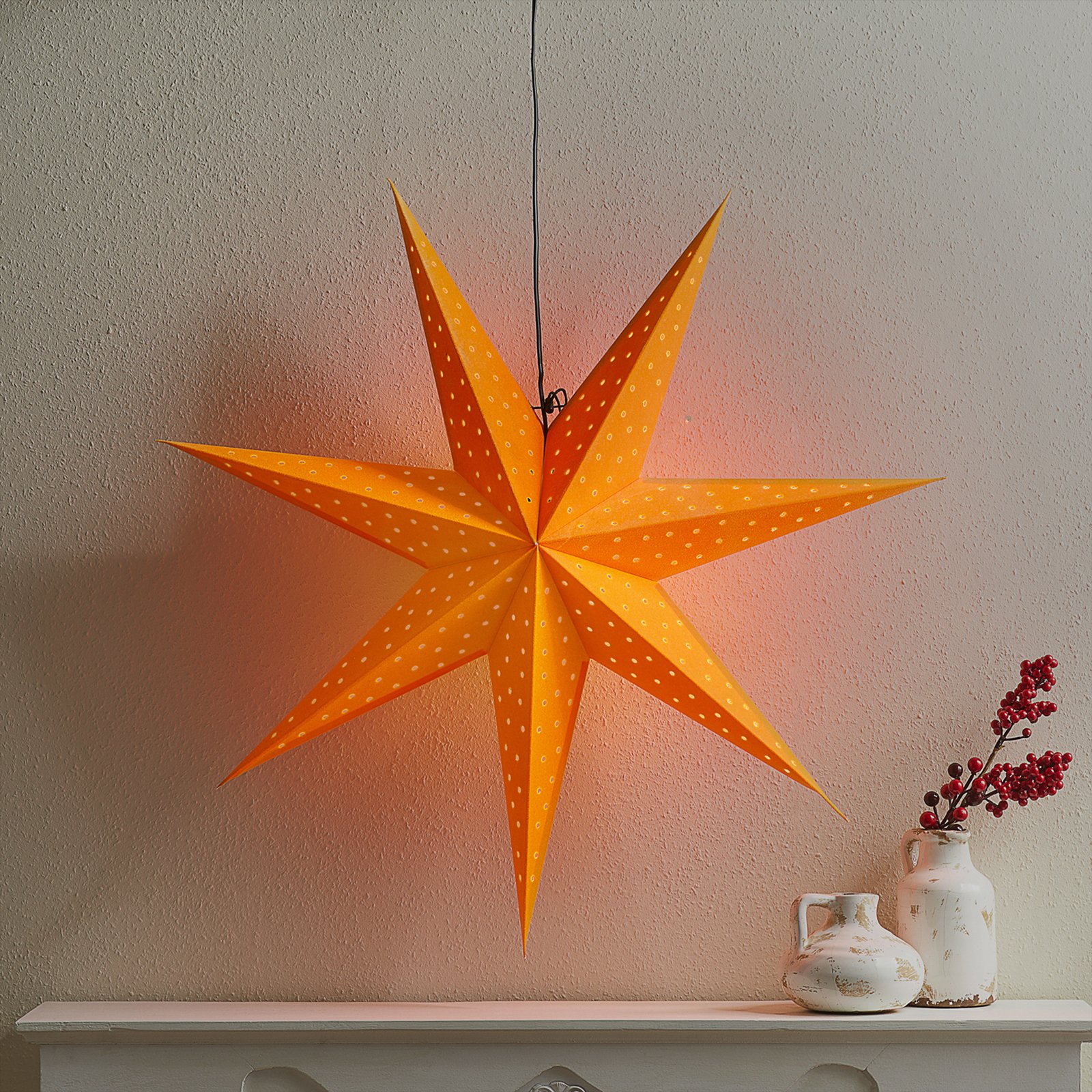 Ripustettava Clara-tähti, sametti, Ø75 cm, oranssi