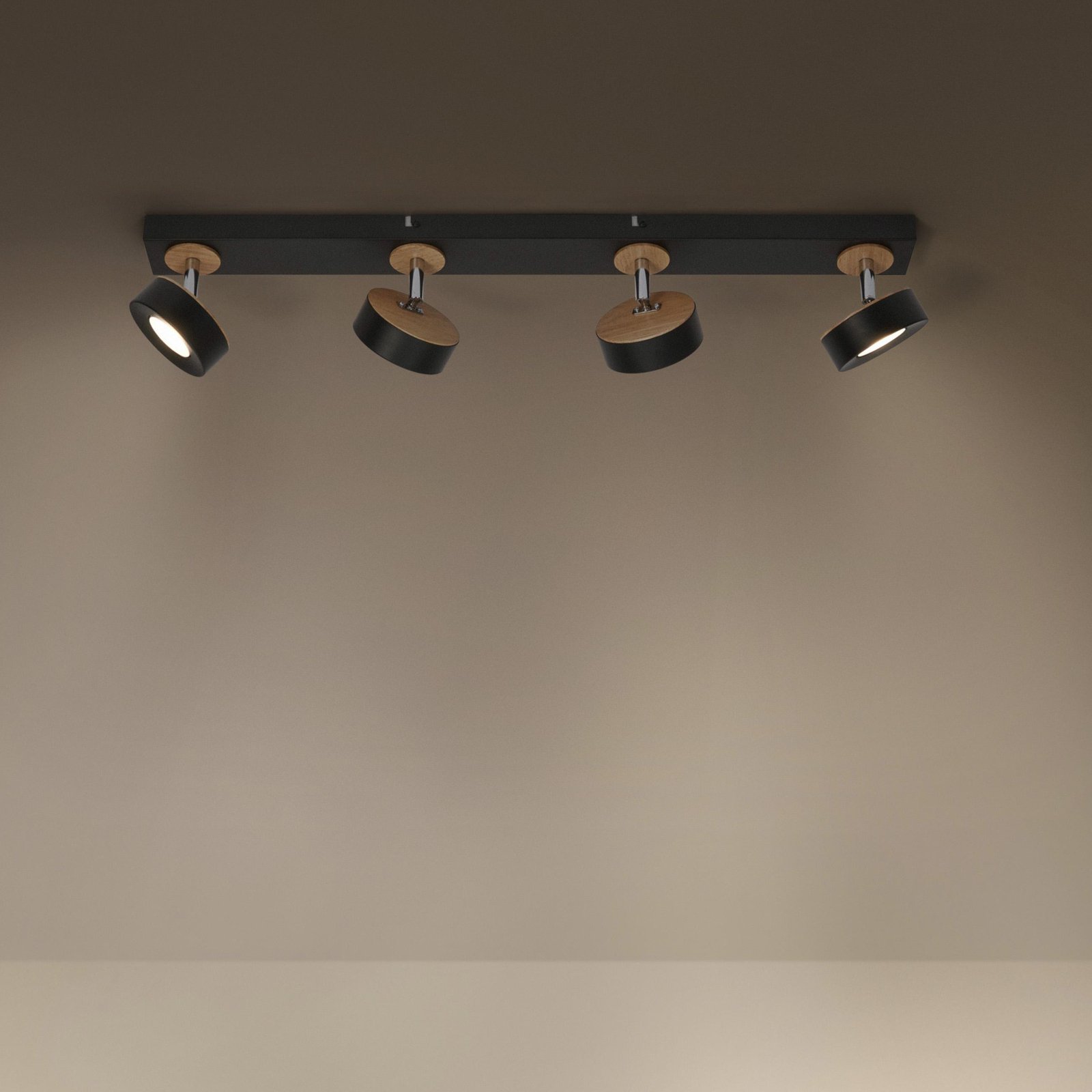 LEDVANCE Faretto da soffitto Pluto, acciaio, legno, a 4 luci, nero