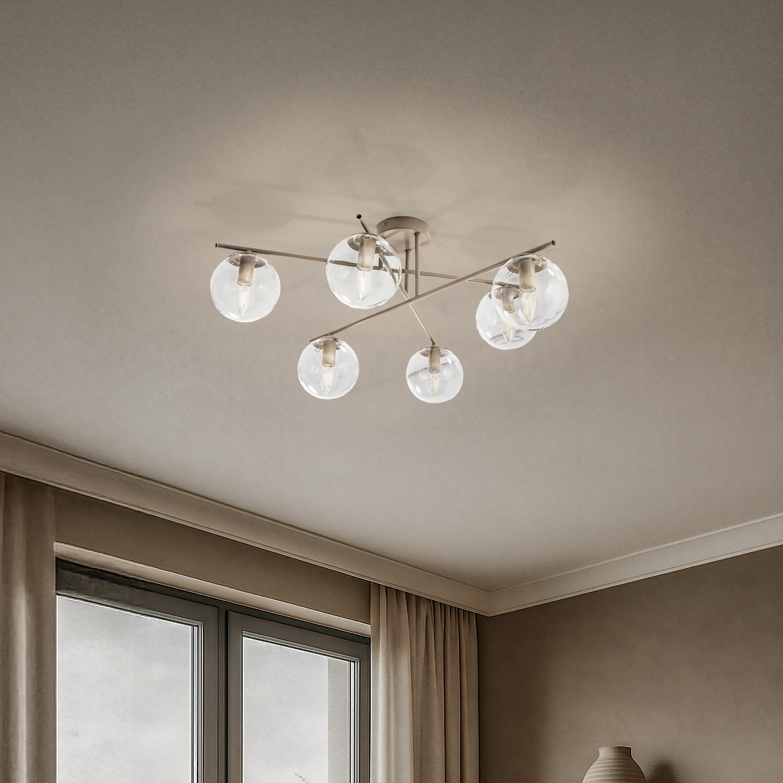 Loftlampe Zoe, beige, længde 72 cm, 6 lyskilder, glas, E14