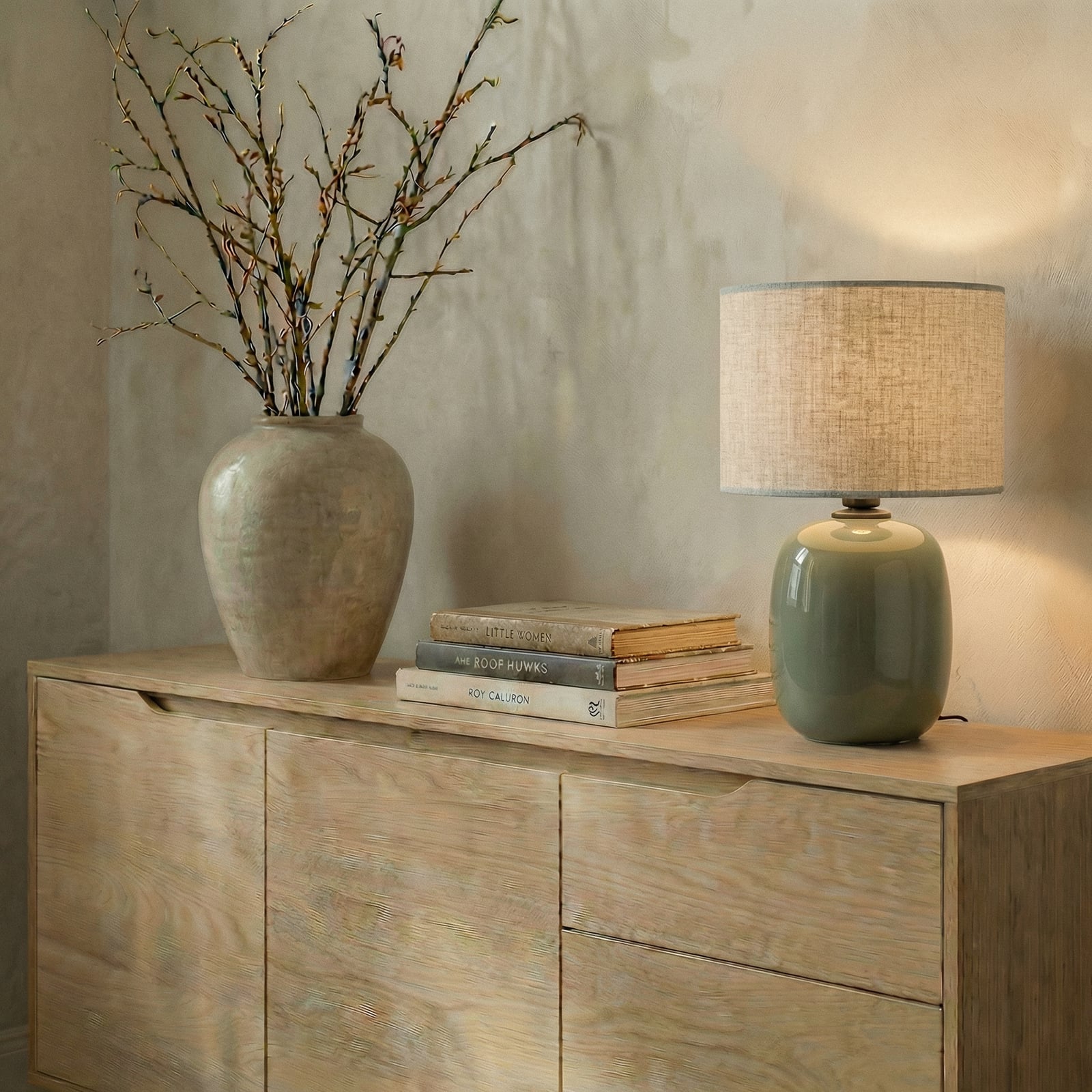 Tafellamp Melody, olijfgroen, textiel, hoogte 48 cm, E27