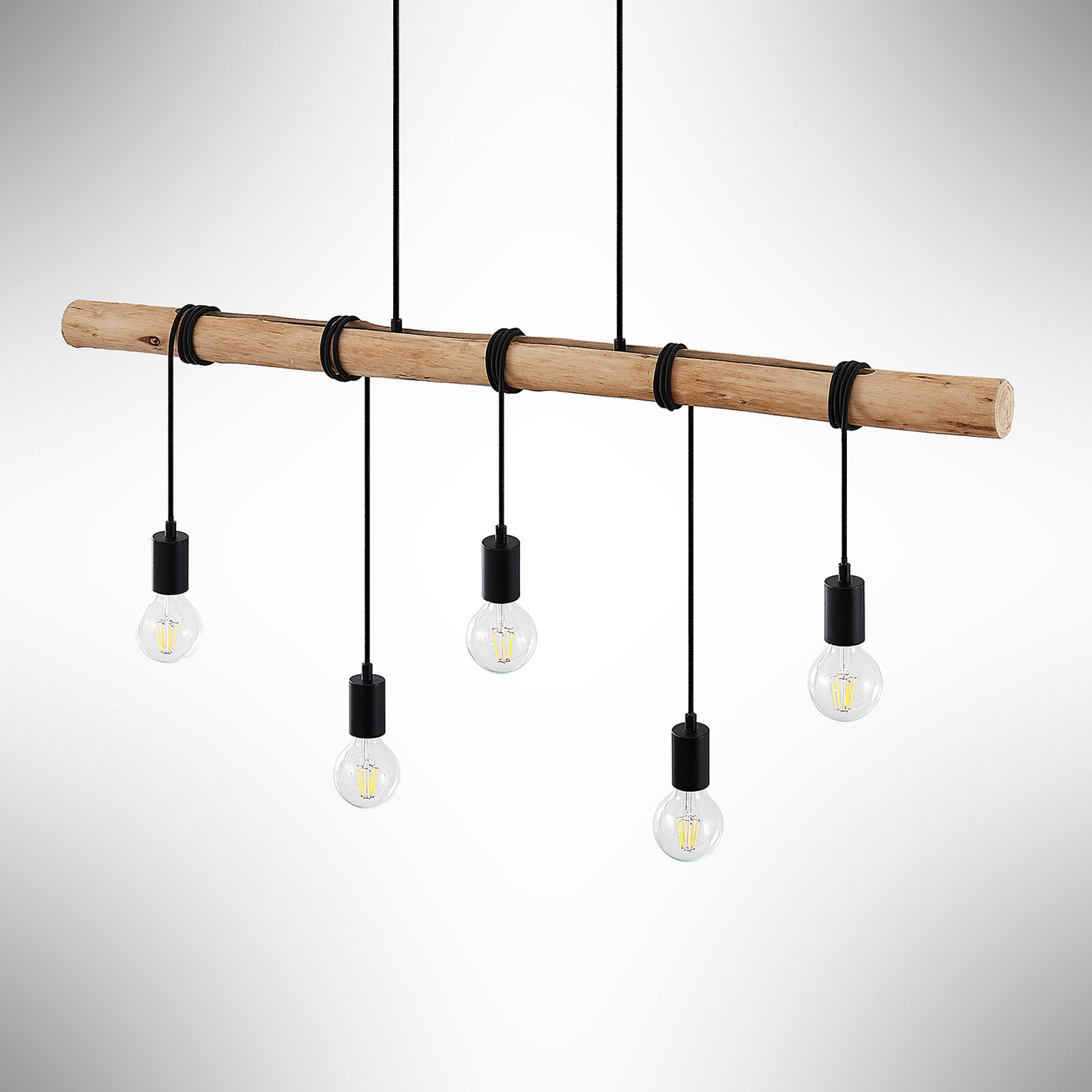 Lampada a sospensione Lindby Rom, a 5 luci, legno, corda, nero, 116 cm