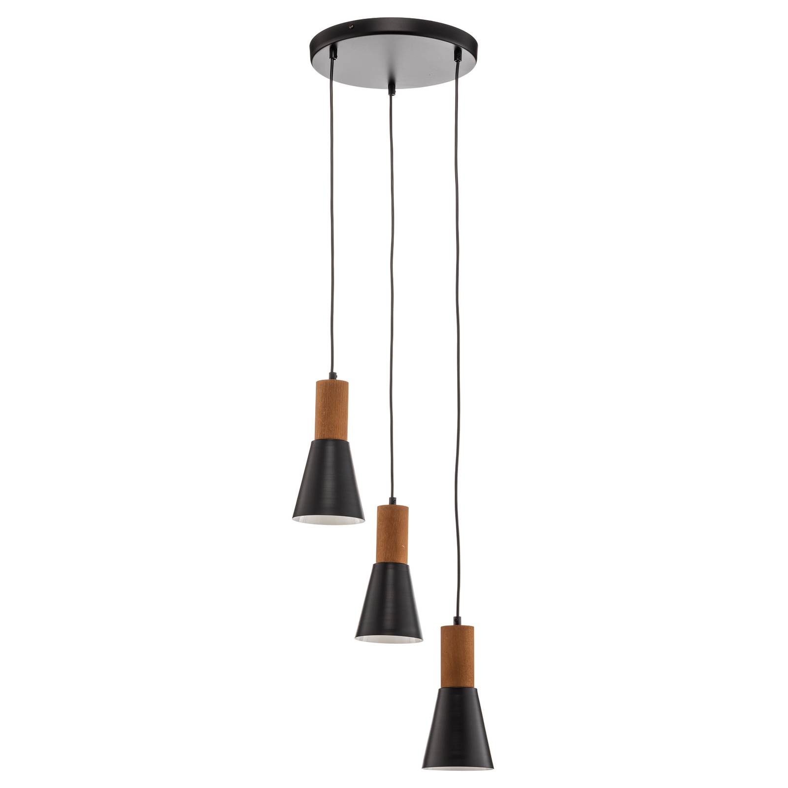 Euluna Esma hanging lamp, black, three-bulb, circular, for Living / Dining Room, stainless steel, wood, plastic, E27, 60 W