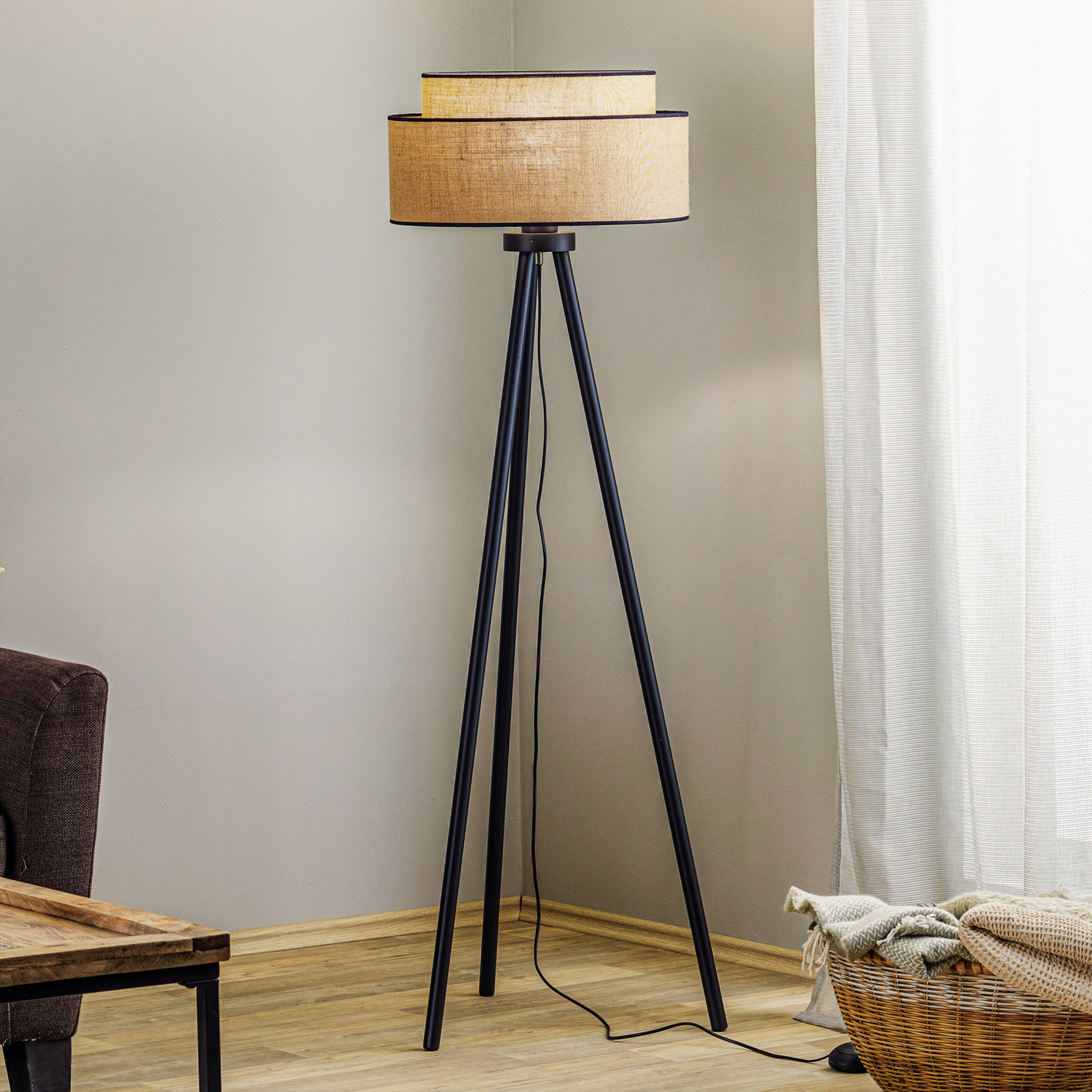 Lampe sur pied Boho jute & noir, hauteur 145 cm