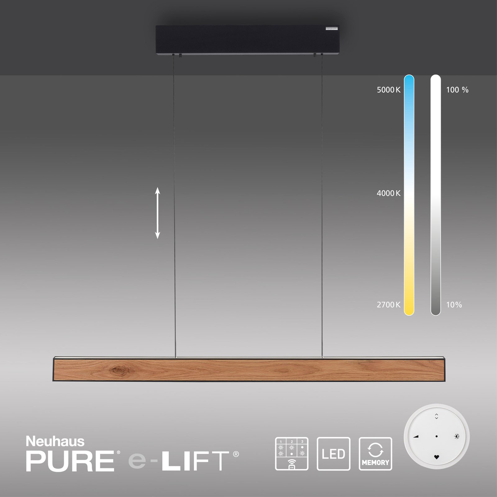 PURE E-Motion LED-balkpendellampa, CCT, trä