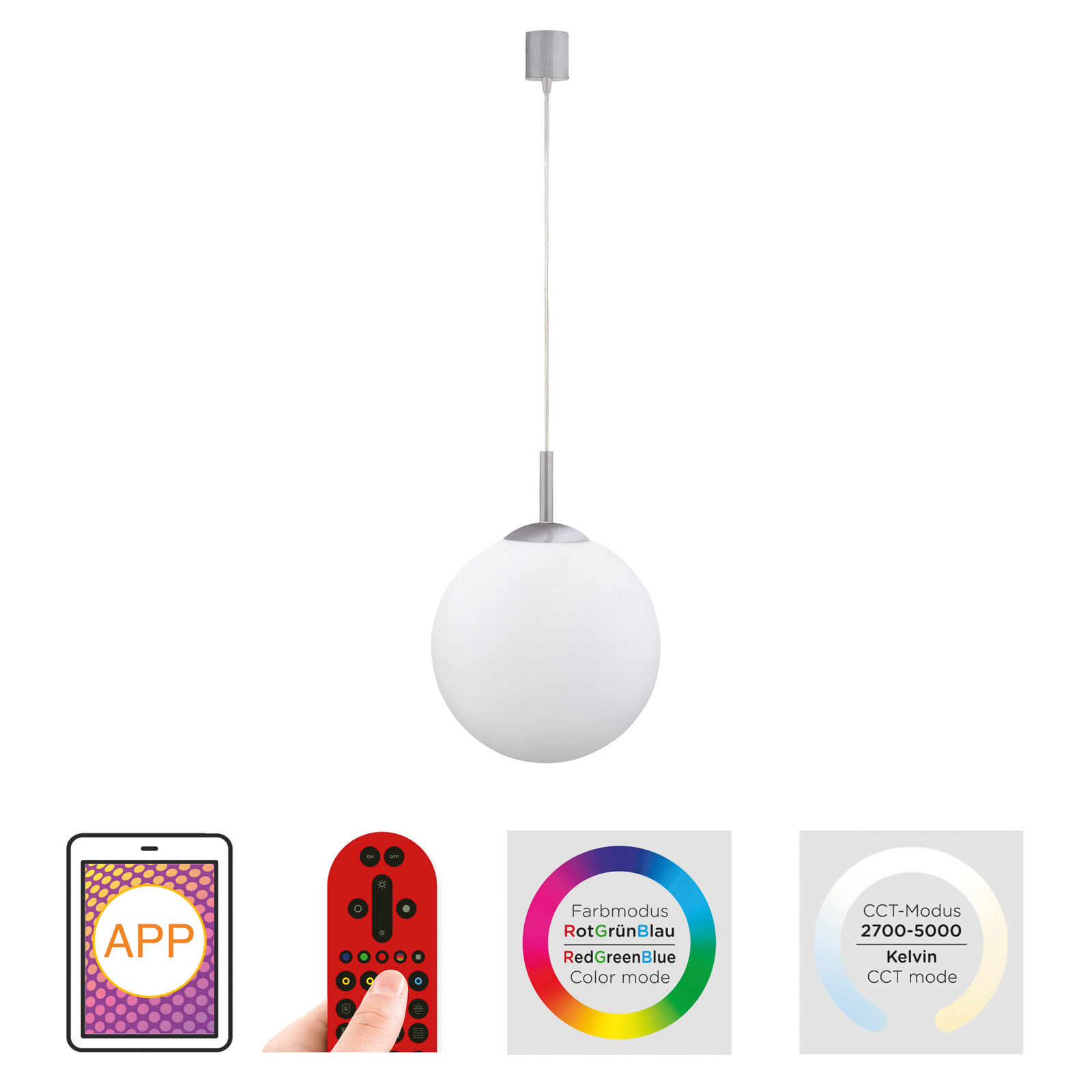 JUST LIGHT. Lampă LED suspendată LOLAsmart Bolo, Ø 25 cm, RGB, CCT