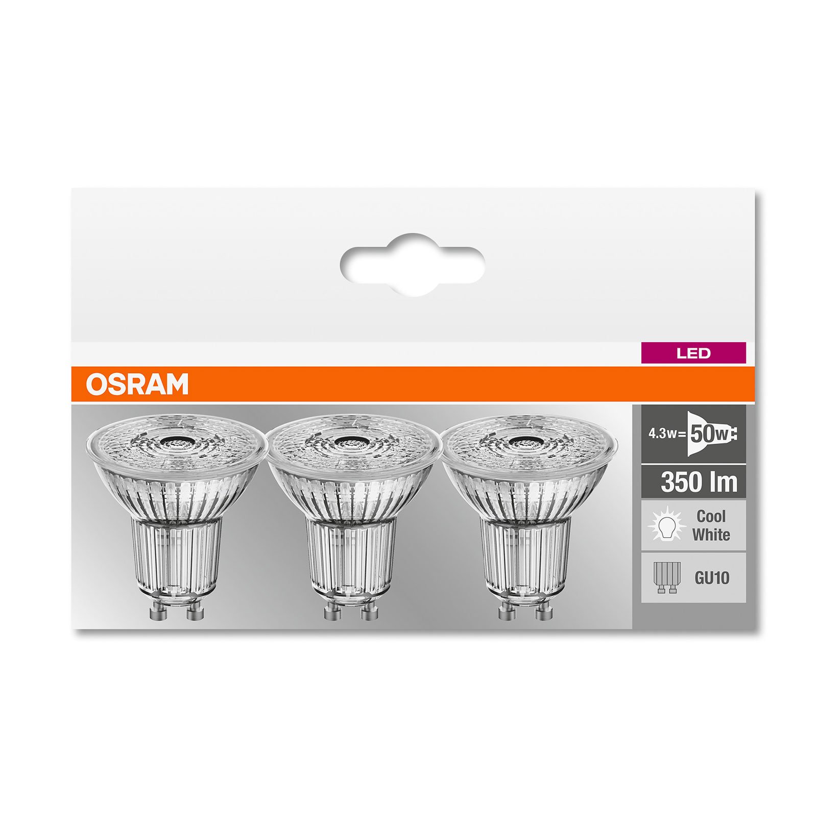 LED reflector bulb GU10 4.3W, cool white, set of 3