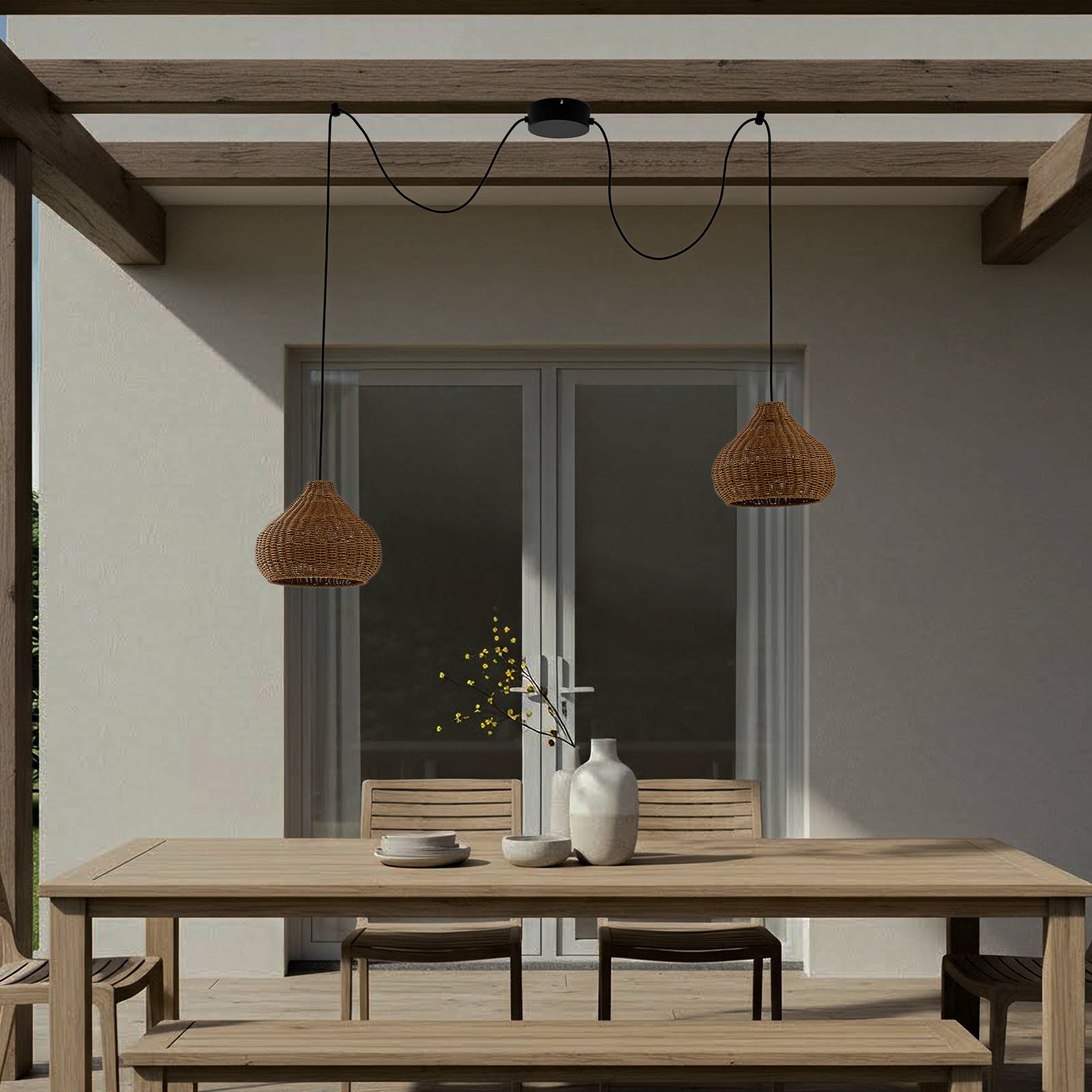 Zewnętrzna lampa wisząca Lucande Taniola, 2-punktowa, beżowy, rattan, IP44