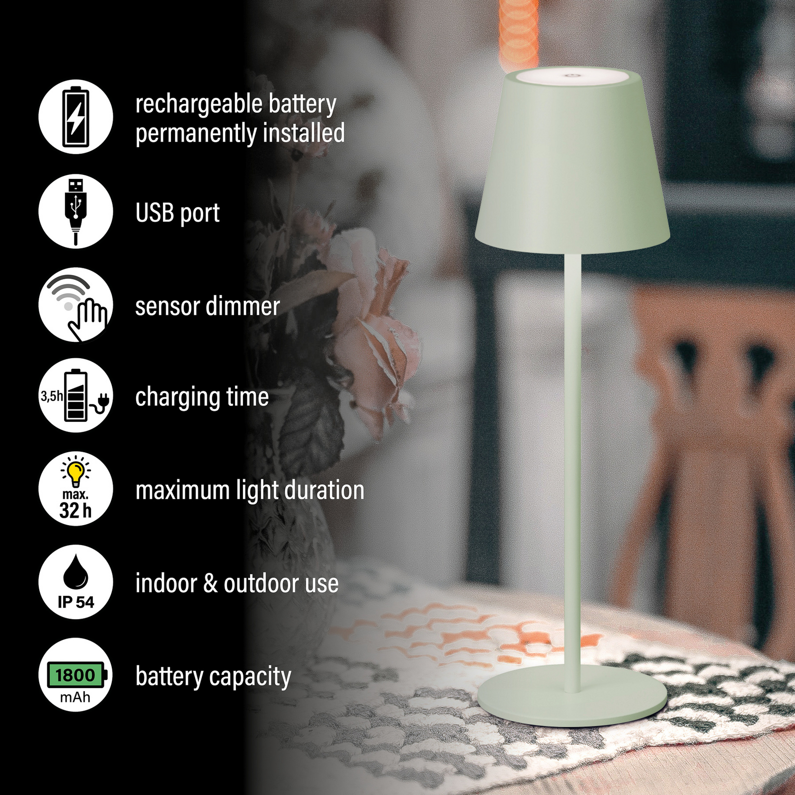 Lámpara de mesa LED recargable Viletto, verde salvia, IP54