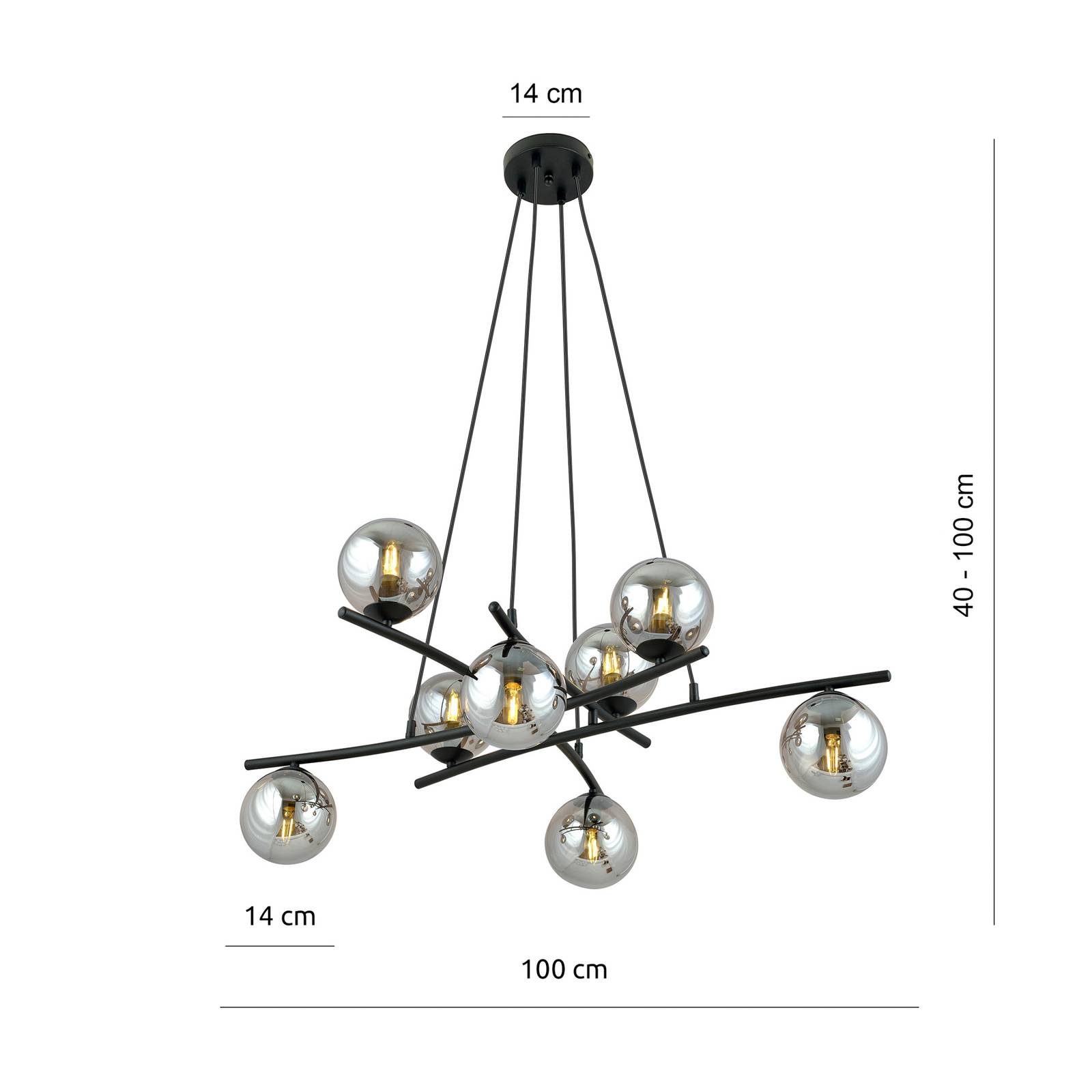 Lampa wisząca Glassy, krzyżowa, 8-punktowa, szkło grafitowe