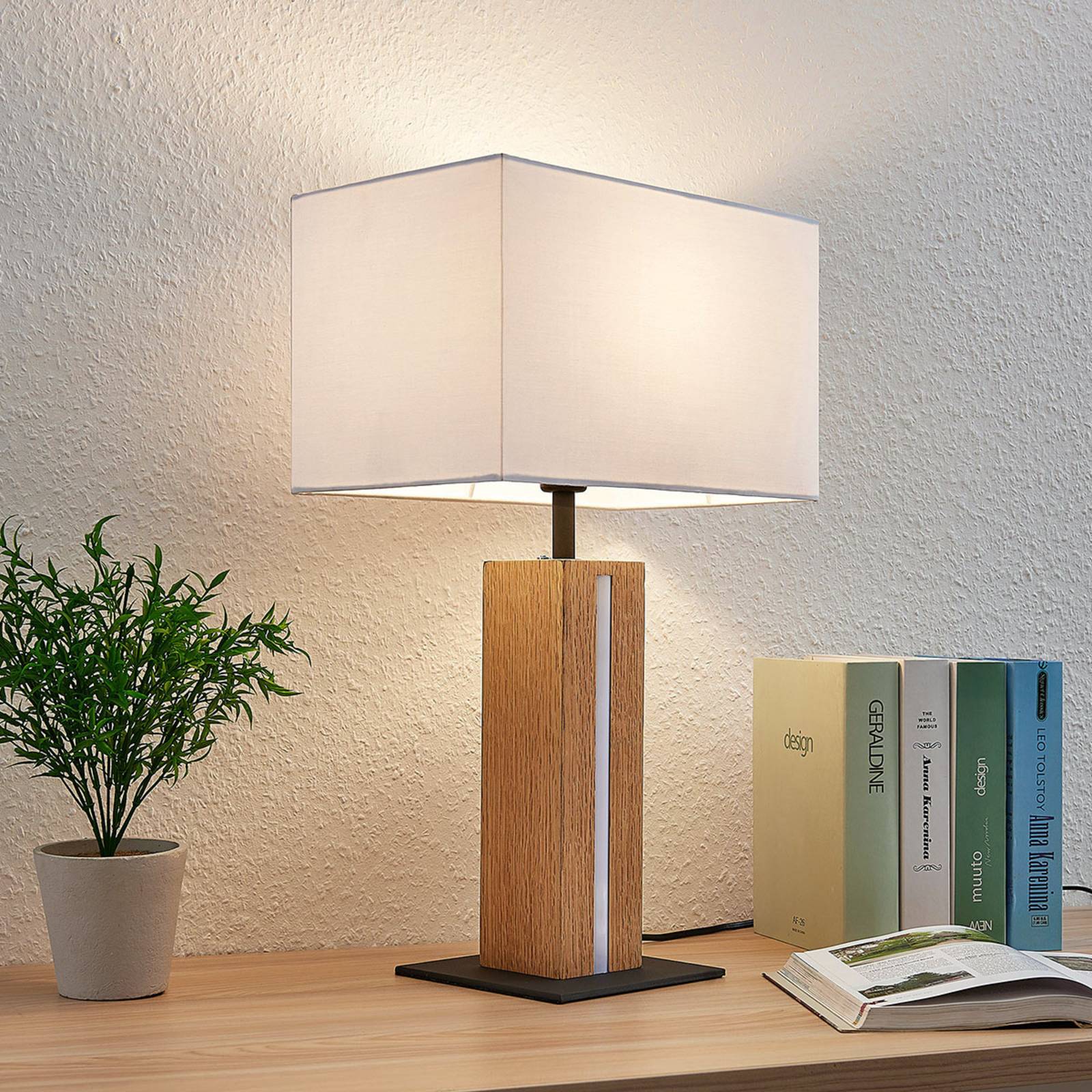 Фото - Настільна лампа Lindby Materiałowa lampa stołowa Garry, drewno, prostokąt 