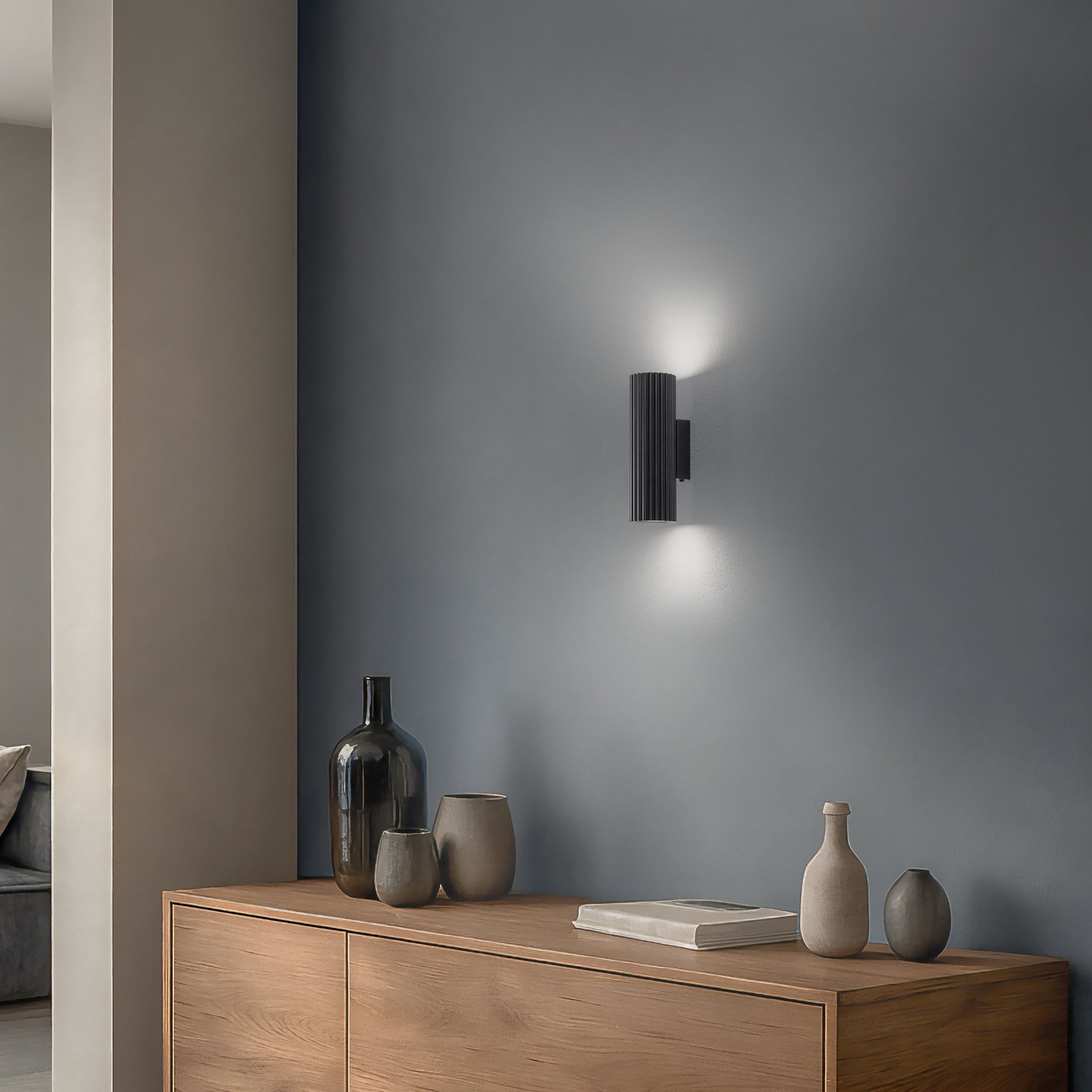 Carbon wall light, black, height 20 cm, aluminium, 2-bulb.