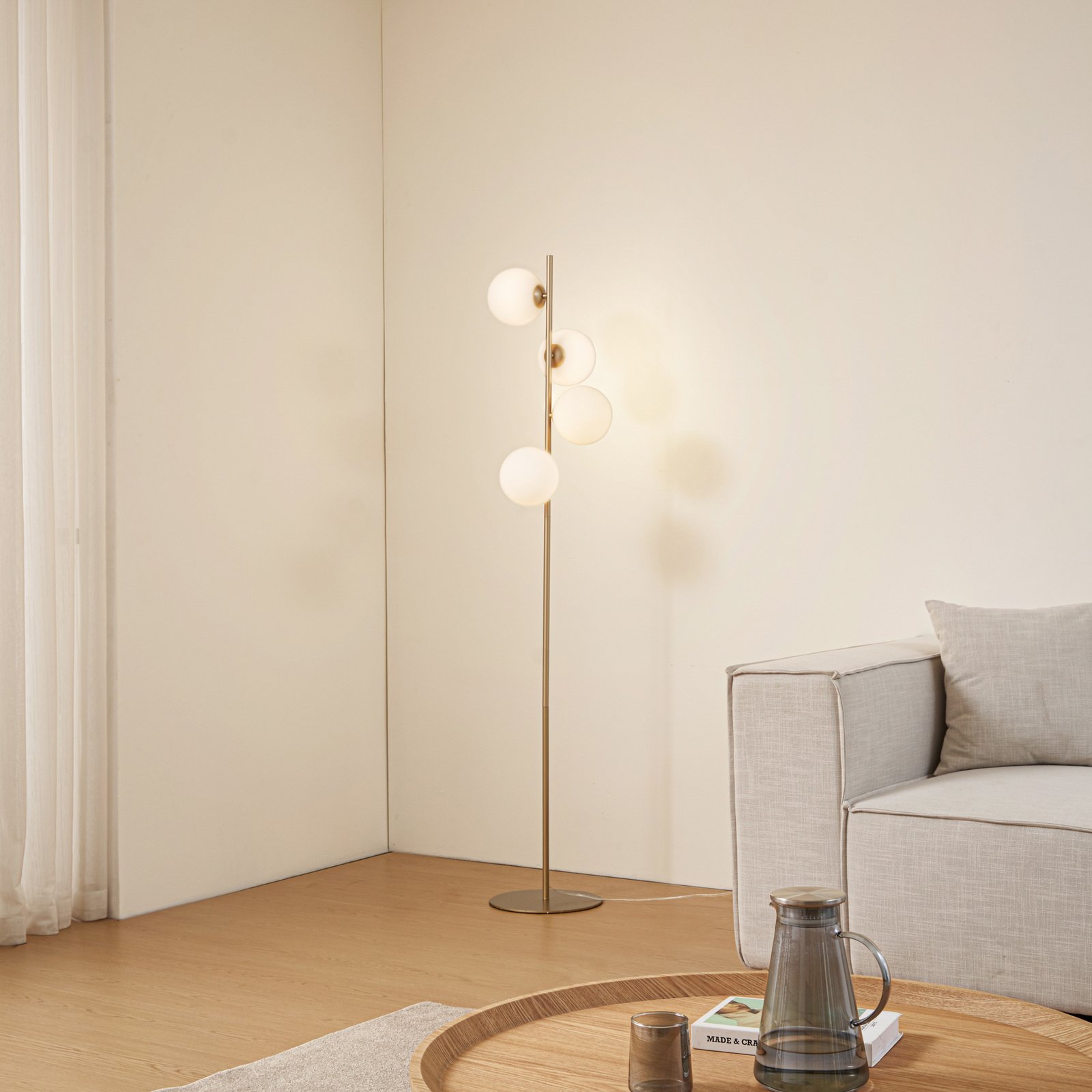 Lucande Floor lamp, opal/gold, metal