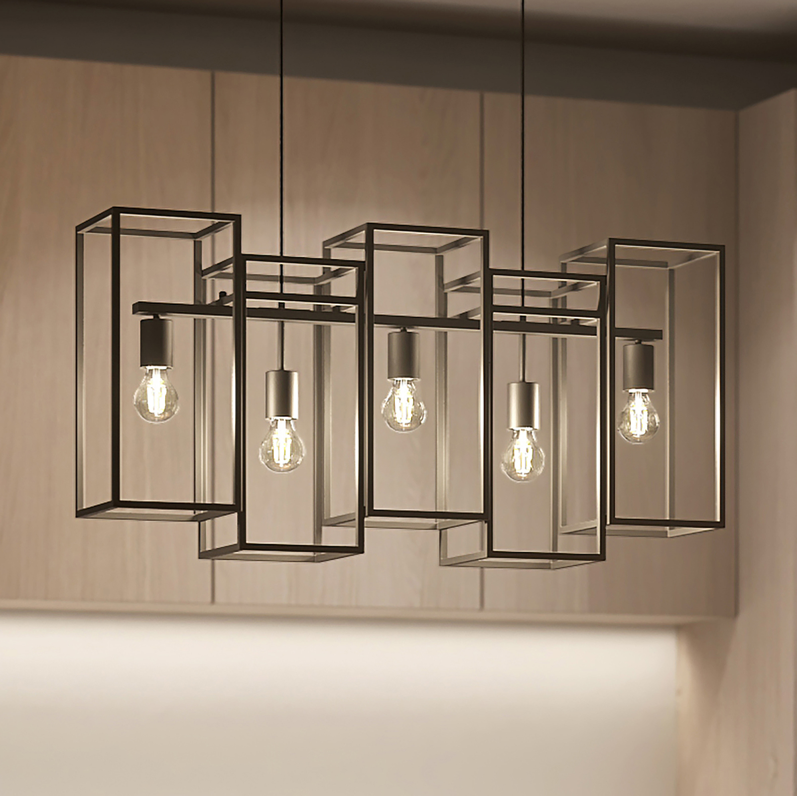 Lucande Andrik hanging lamp, 5-bulb, cuboid, black