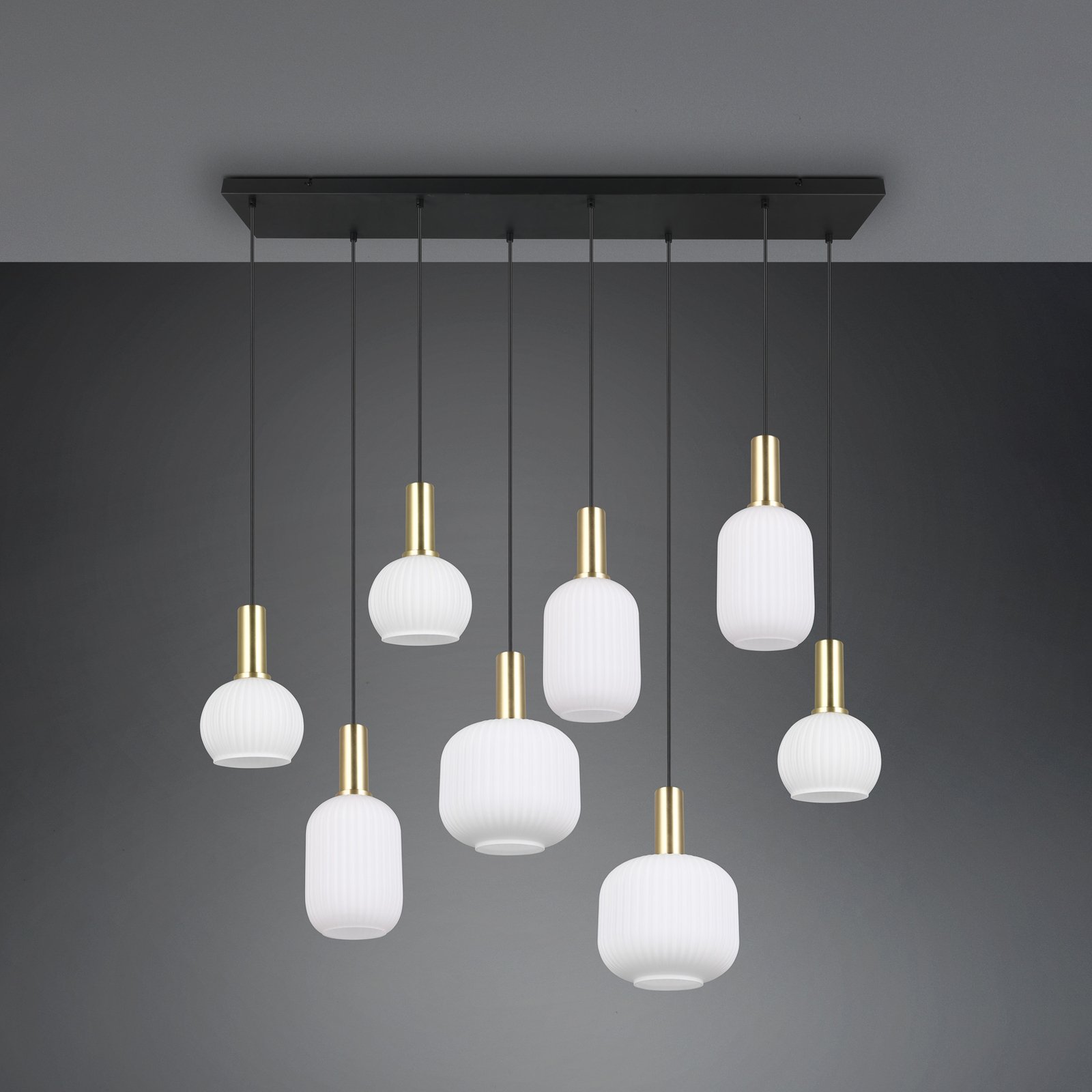 Suspension Diva, à 8 lampes, laiton, opale, métal, verre