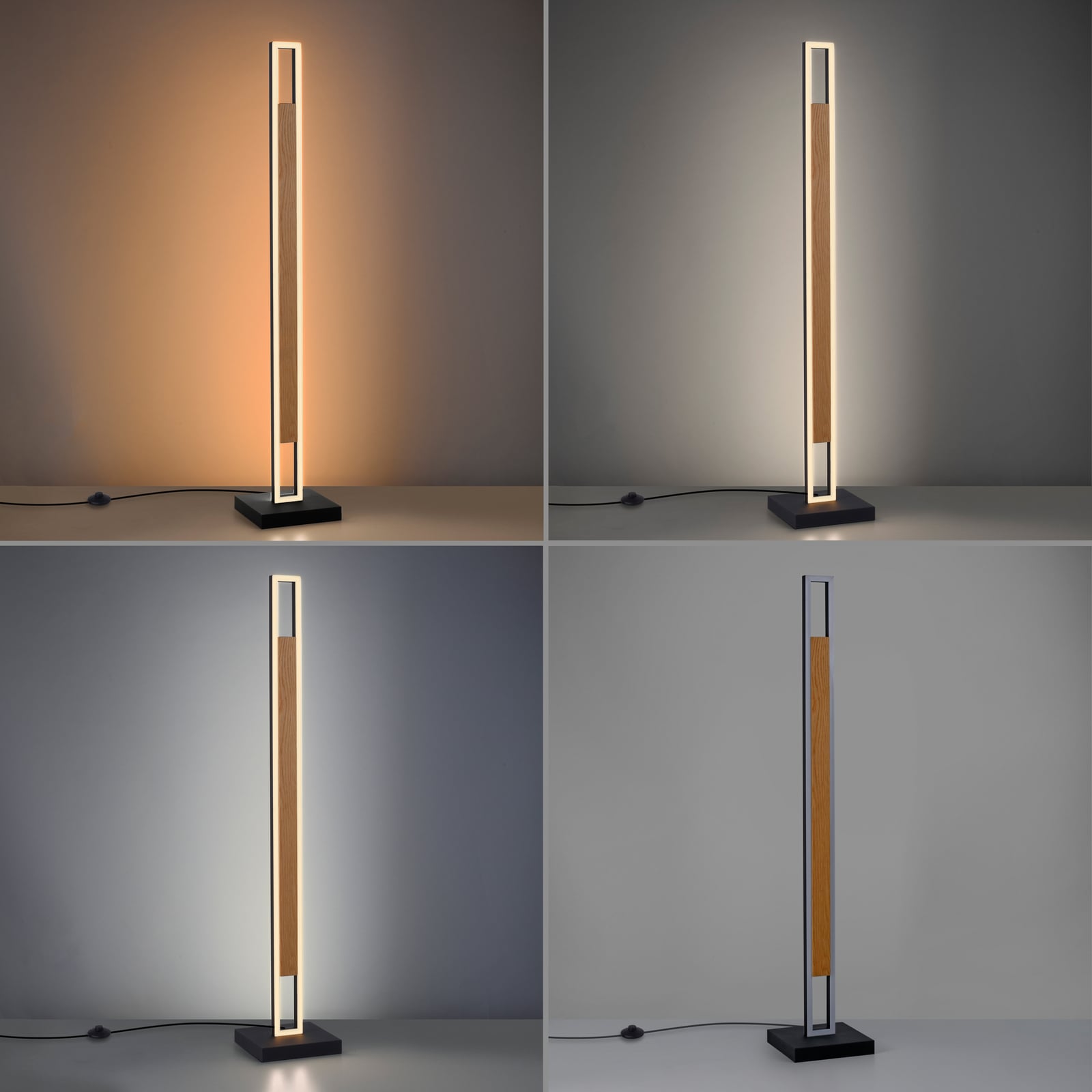 Sveja LED álló lámpa, fekete/fa színű, magasság 140 cm, CCT Sveja LED álló lámpa, fekete/fa színű, magasság 140 cm, CCT