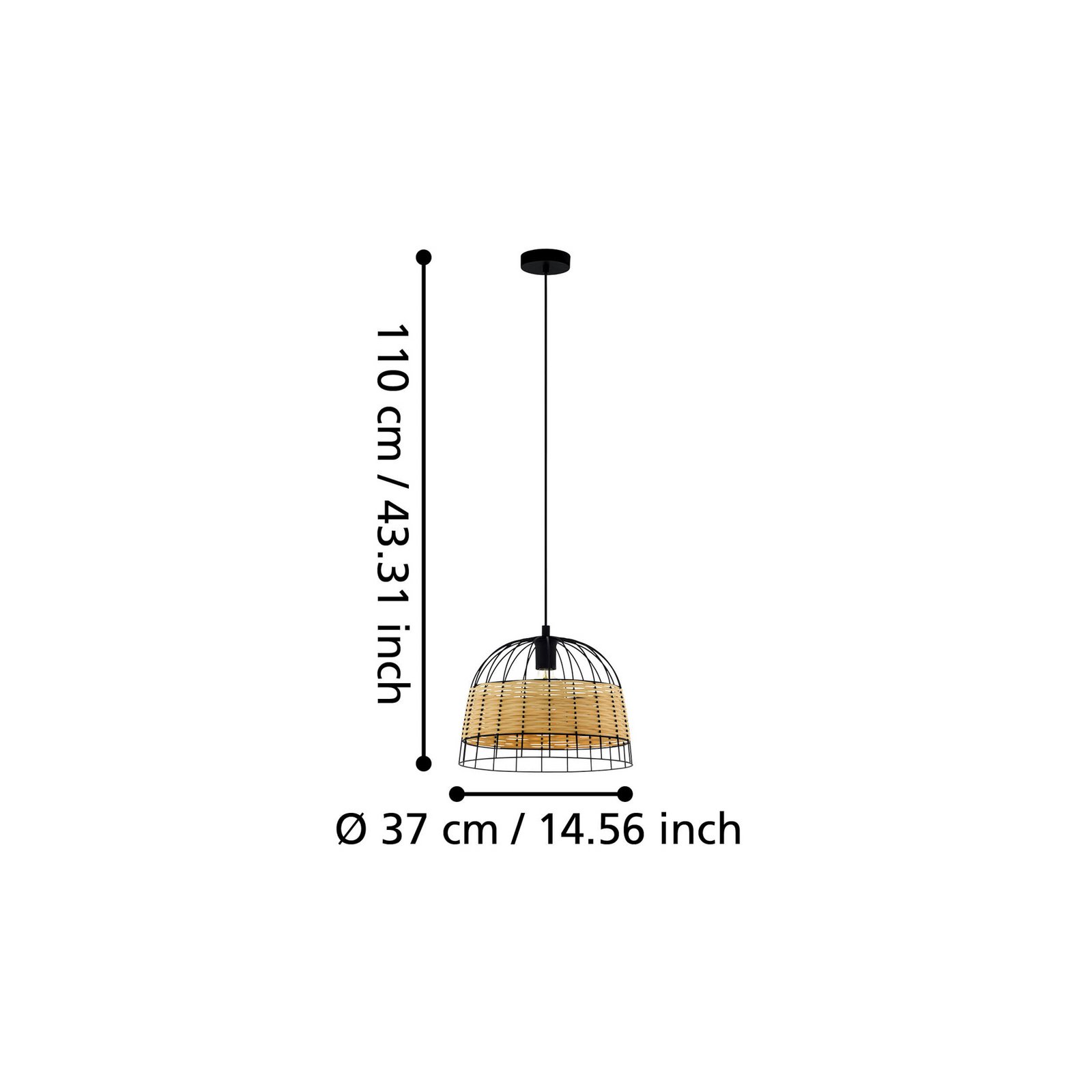 Hanglamp Anwick van staal/rotan, Ø 37 cm